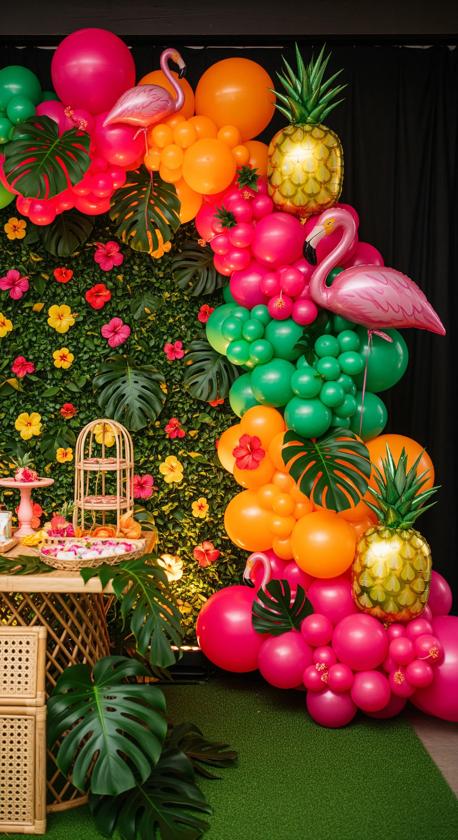 Festa a tema tropicale con fenicotteri, ananas e palloncini fucsia e verdi.