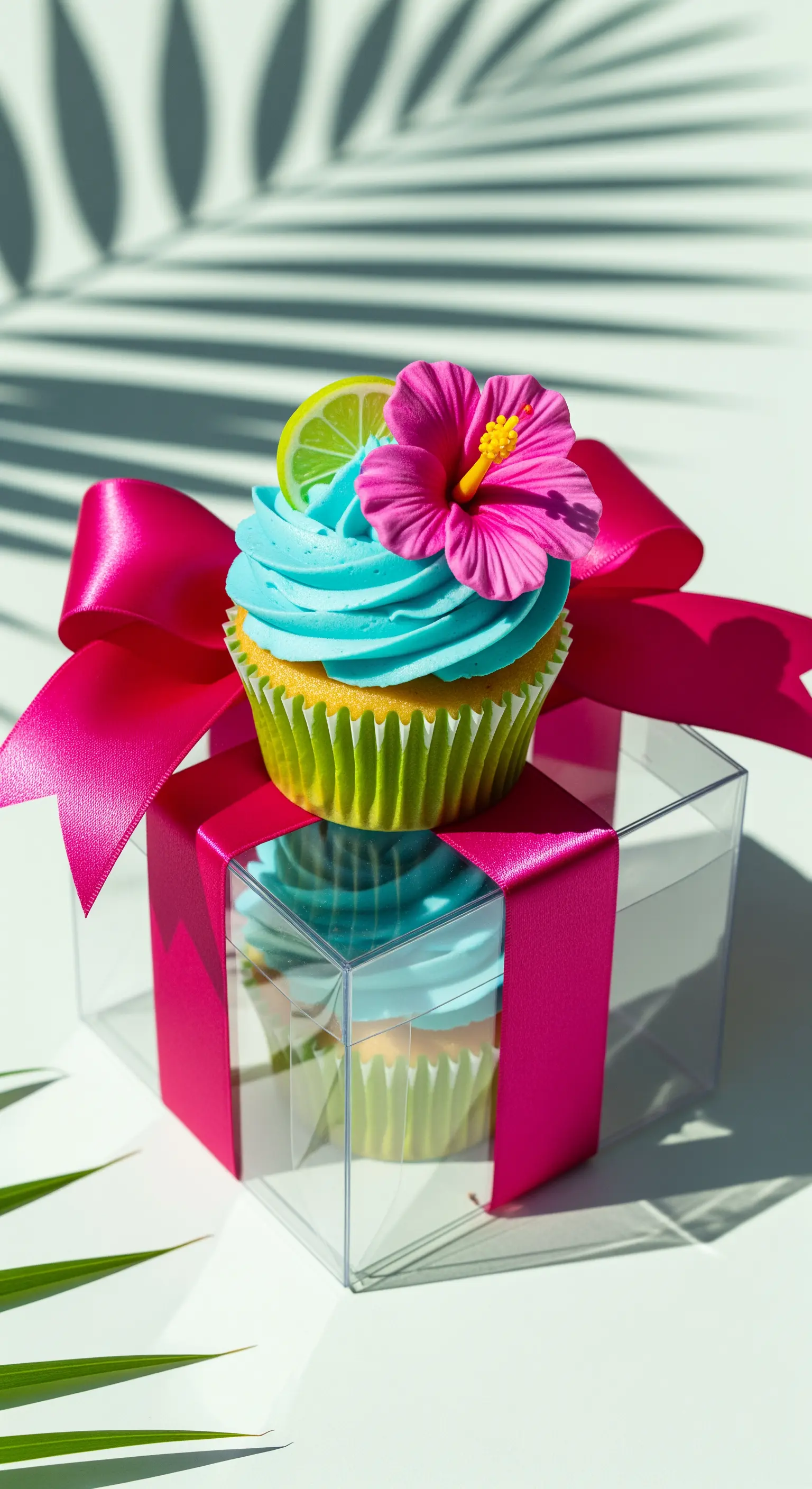 Cupcake turchese con fiore di ibisco, racchiuso da un nastro fucsia acceso.