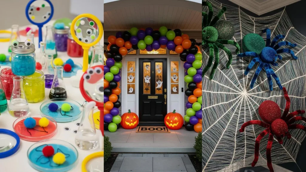 Varie decorazioni di Halloween colorate e giocose per feste di bambini, inclusi palloncini, zucche e ragni giganti.