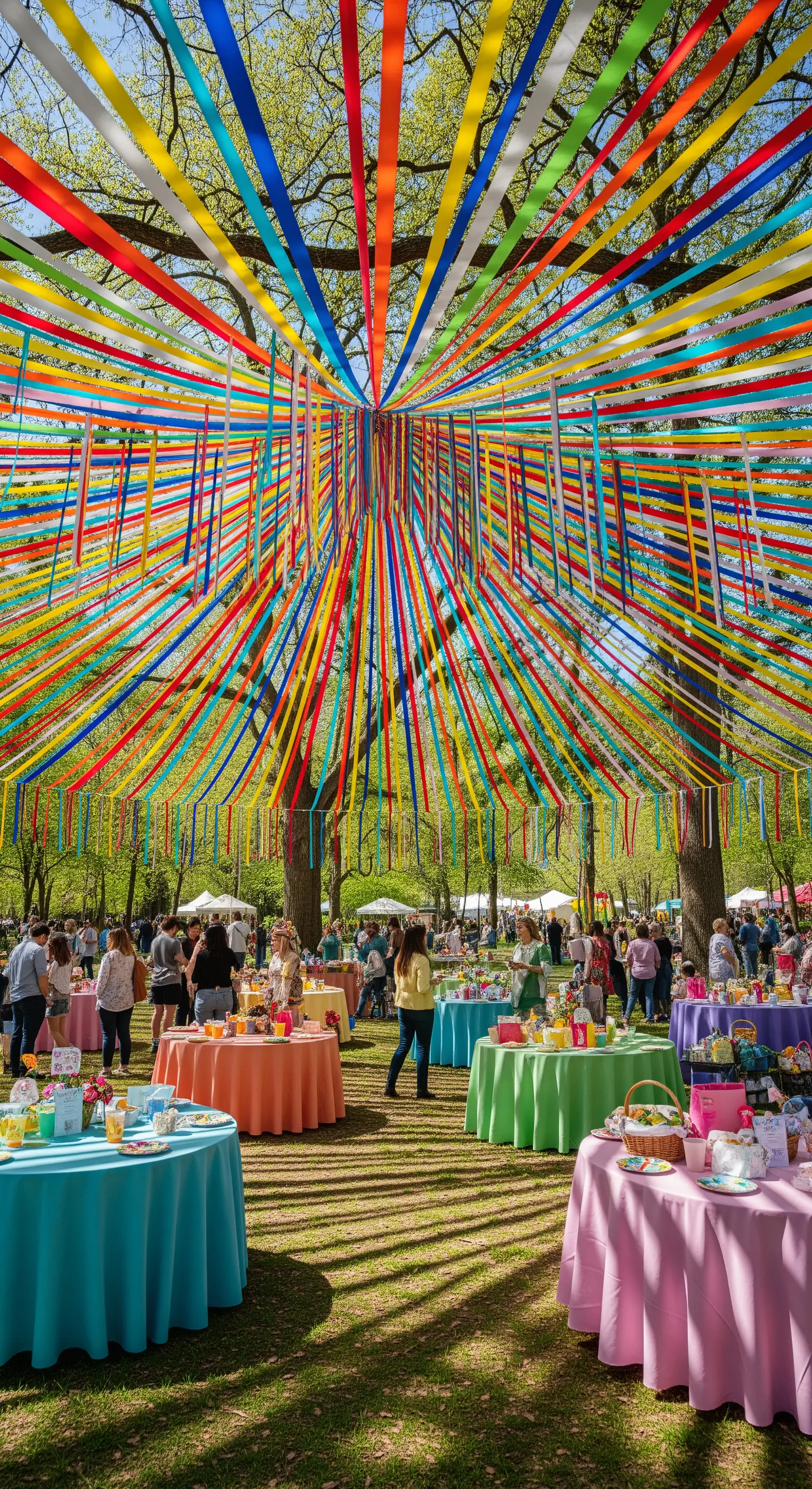 Grande festa in un parco con un soffitto di nastri colorati appesi agli alberi e tavoli apparecchiati.