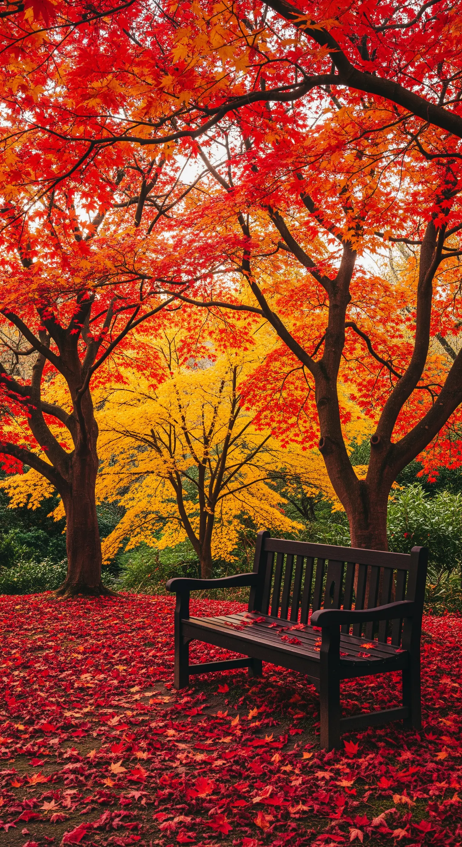 Panca scura in un parco sotto aceri dalle foglie rosse e arancioni durante il foliage autunnale.