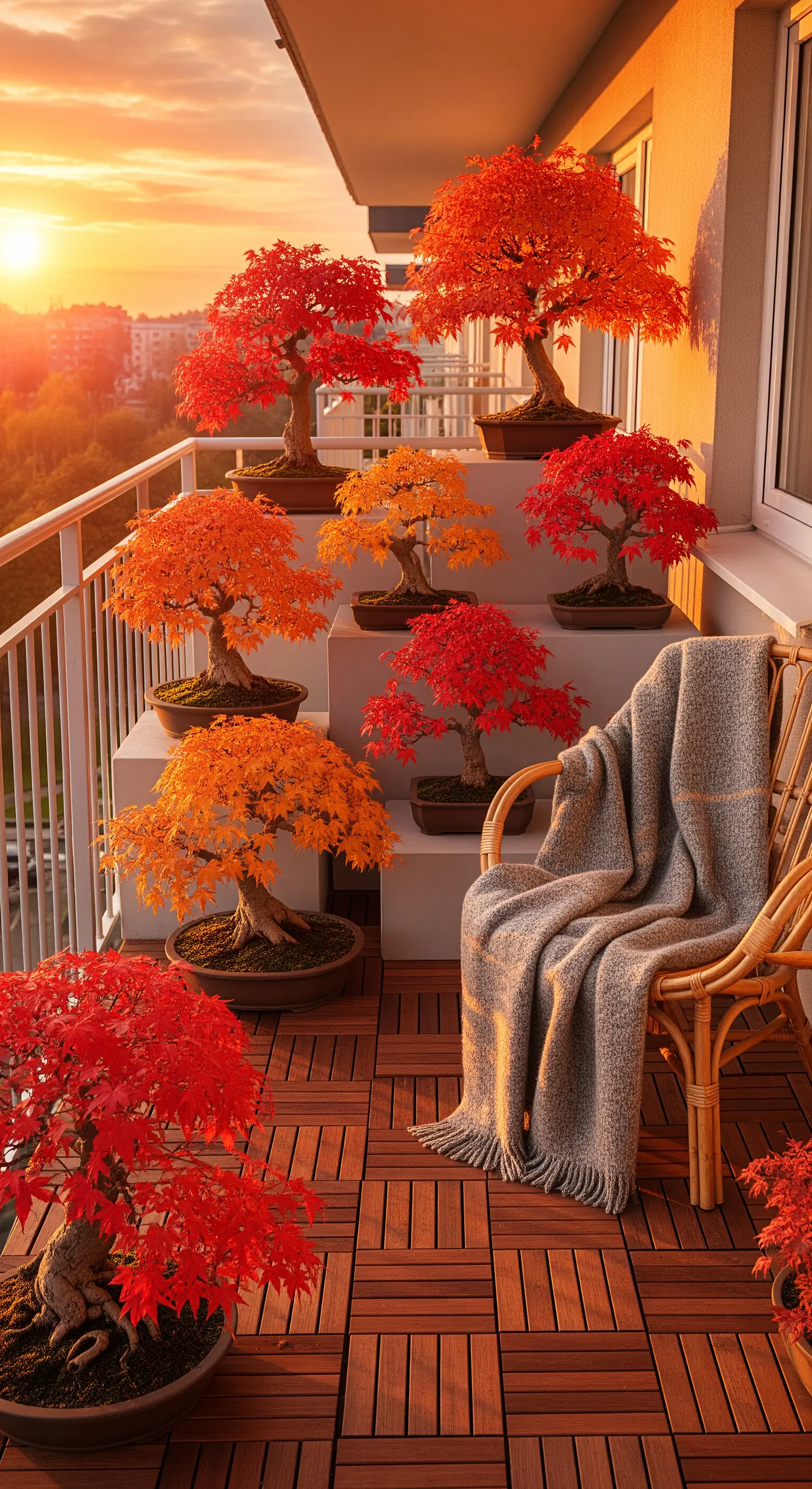 Balcone al tramonto con una collezione di bonsai di acero giapponese rossi e arancioni.