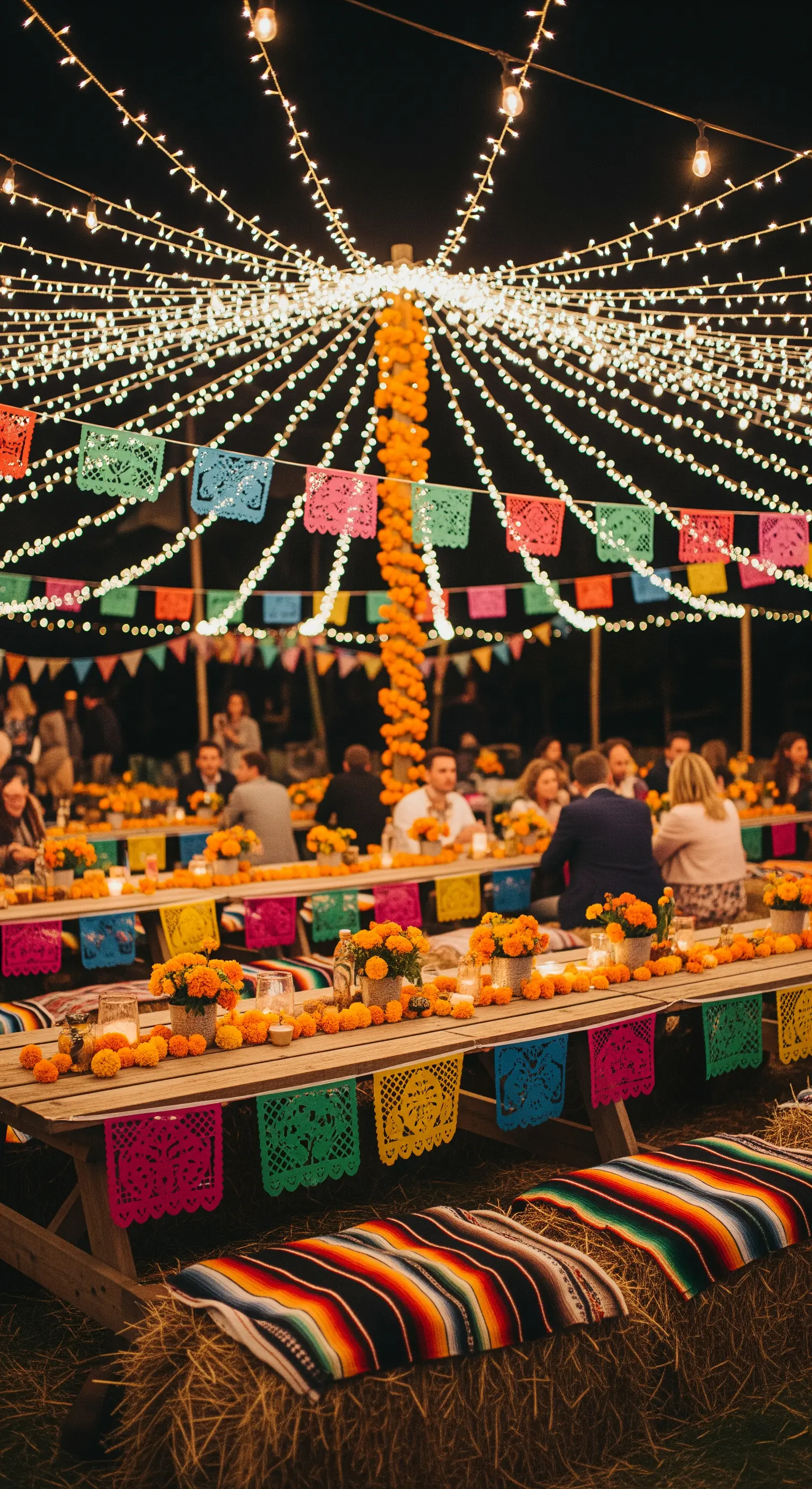 Festa messicana con papel picado, fiori arancioni e coperte colorate su balle di fieno.