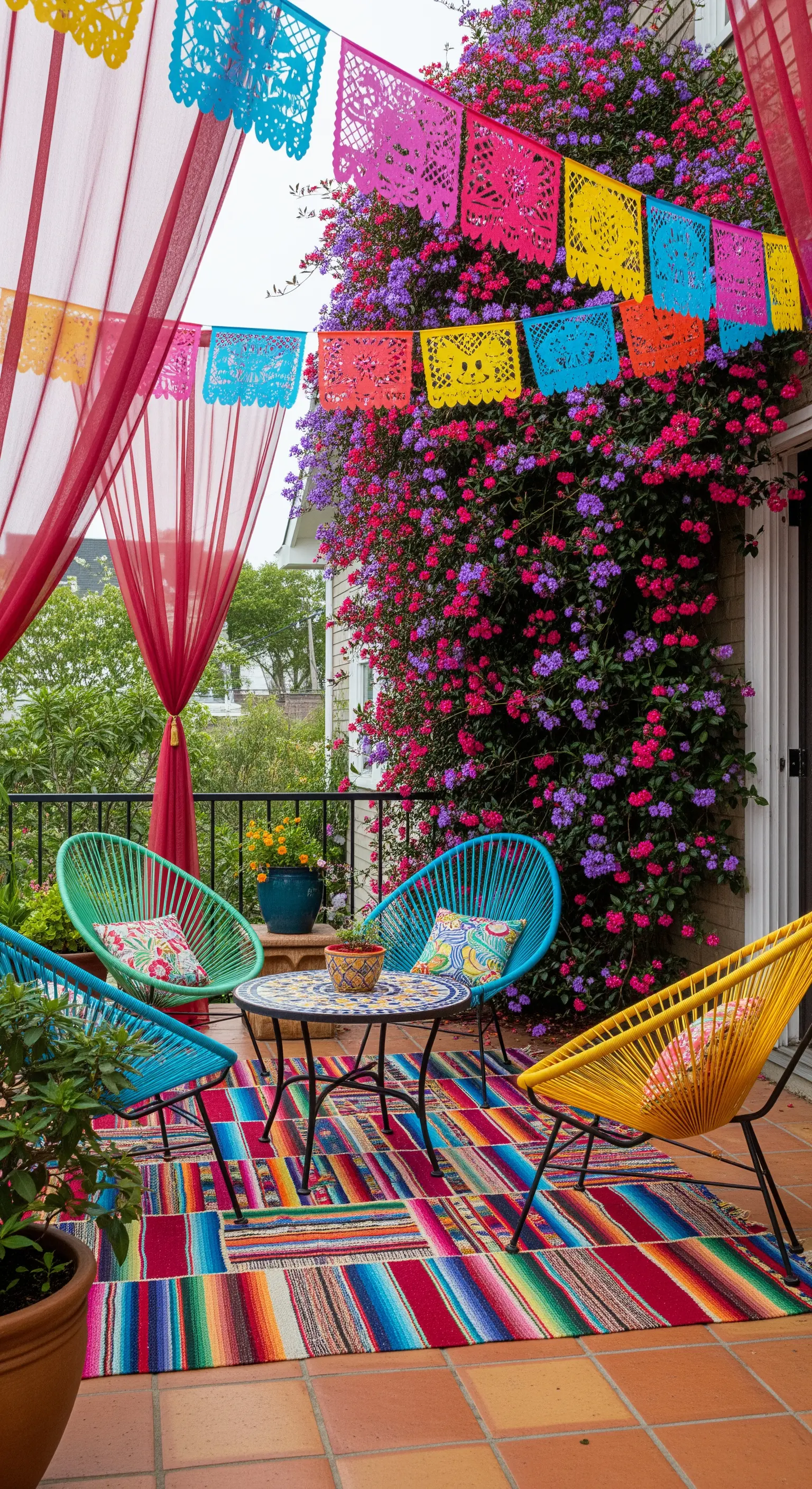 Balcone coloratissimo con sedie Acapulco, ghirlande di carta e un tappeto a righe arcobaleno.