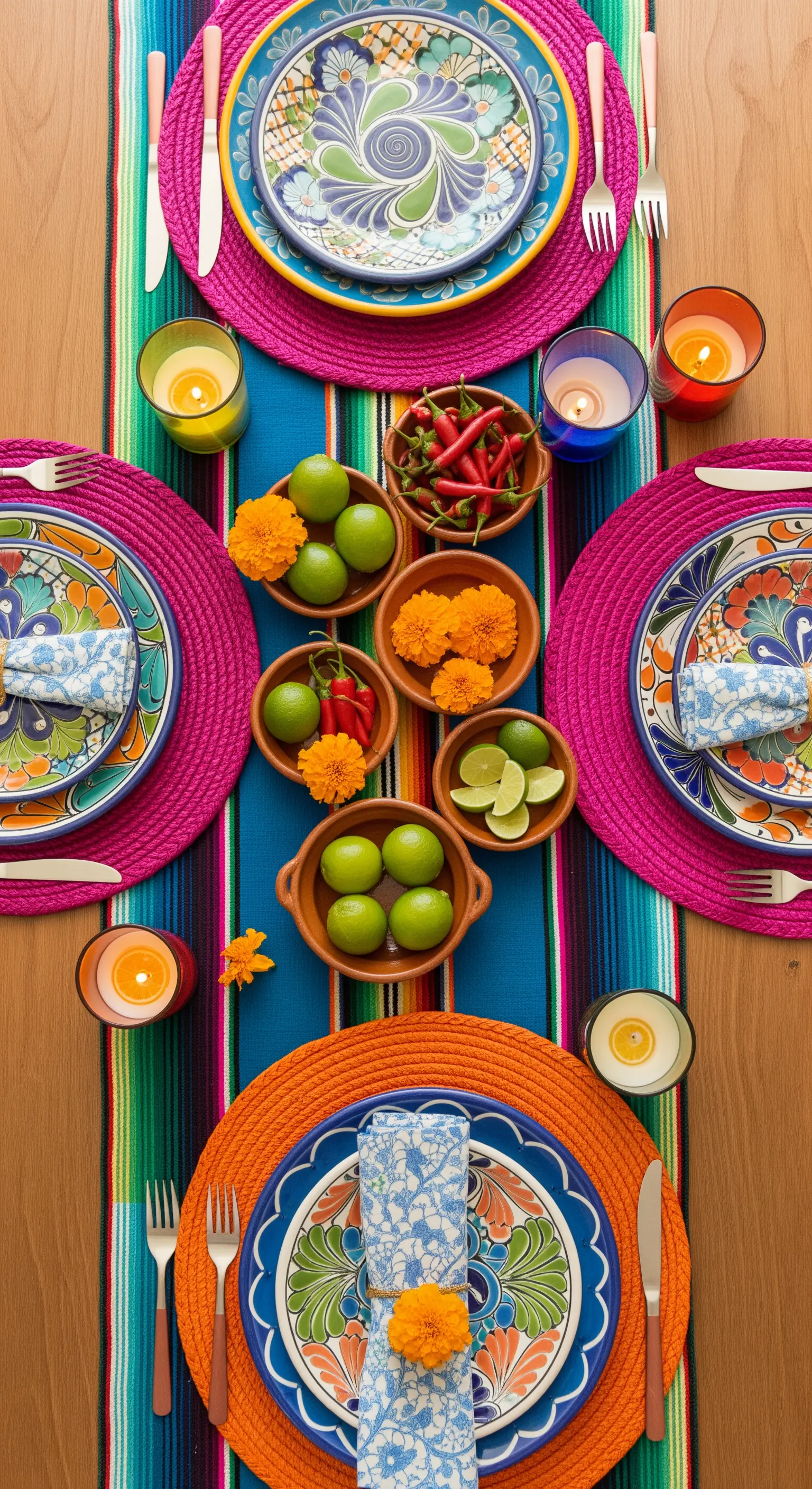 Tavola a tema messicano con runner a righe colorate, piatti decorati e ciotole con lime