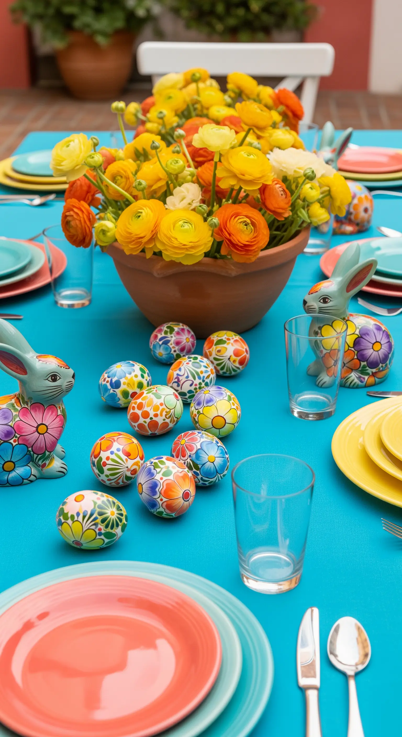 Tavola pasquale colorata con tovaglia turchese e ceramiche decorate in stile messicano