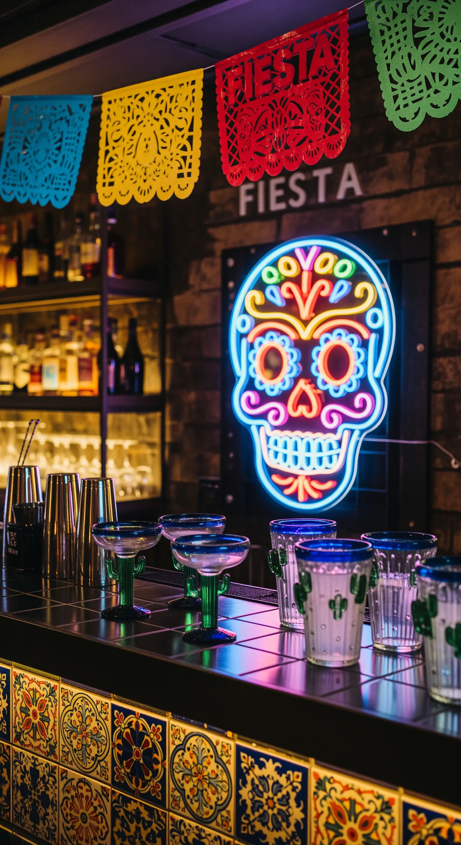 Bar a tema messicano con neon a forma di teschio, piastrelle decorate e festoni colorati.