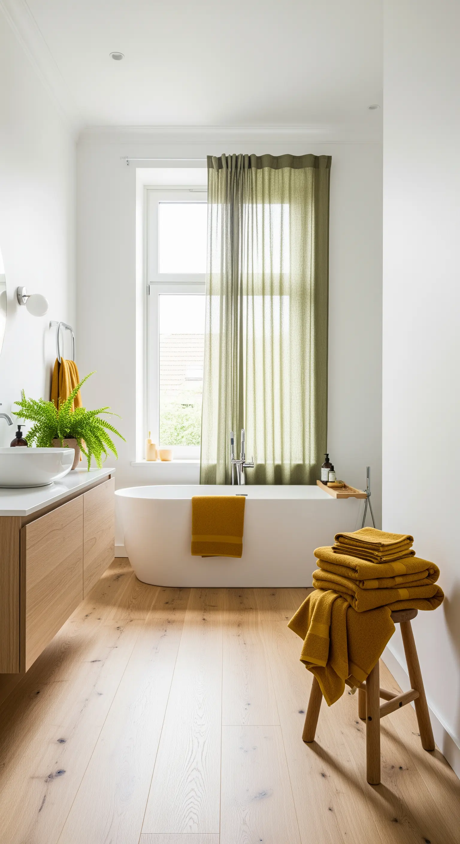 Bagno minimalista con parquet, vasca freestanding e tenda verde oliva alla finestra.