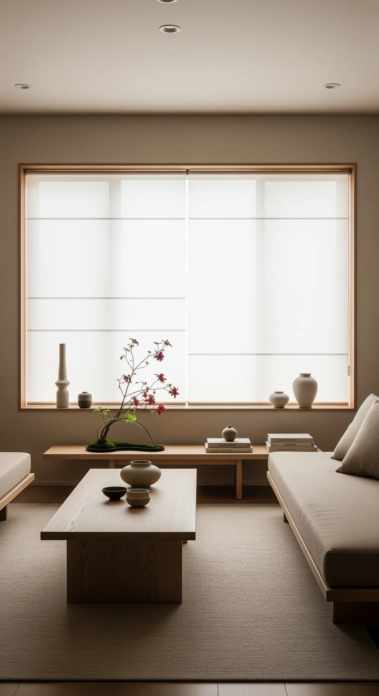 Interno in stile Japandi con divani bassi, legno chiaro e una grande finestra con pannelli traslucidi.