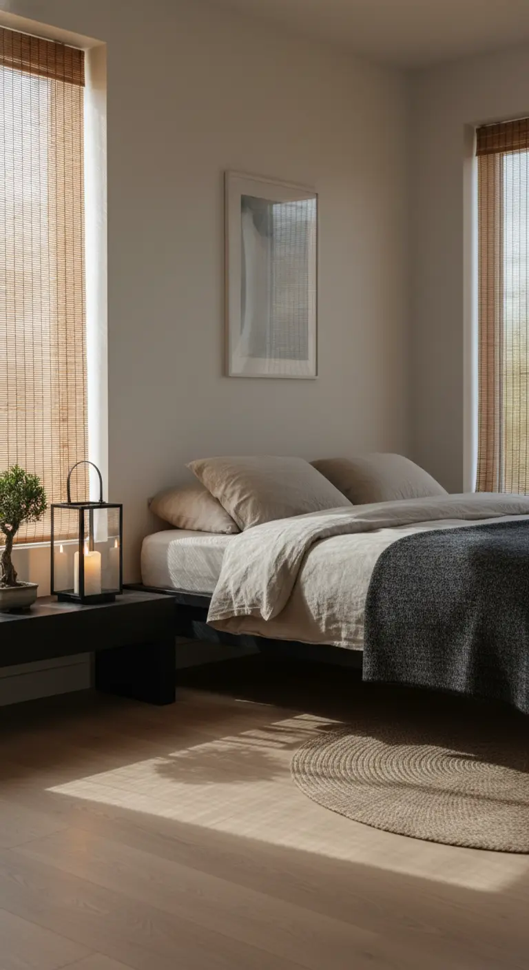 Letto con lenzuola di lino e una lanterna nera con candele sul comodino; luce filtrata da tende di bambù.