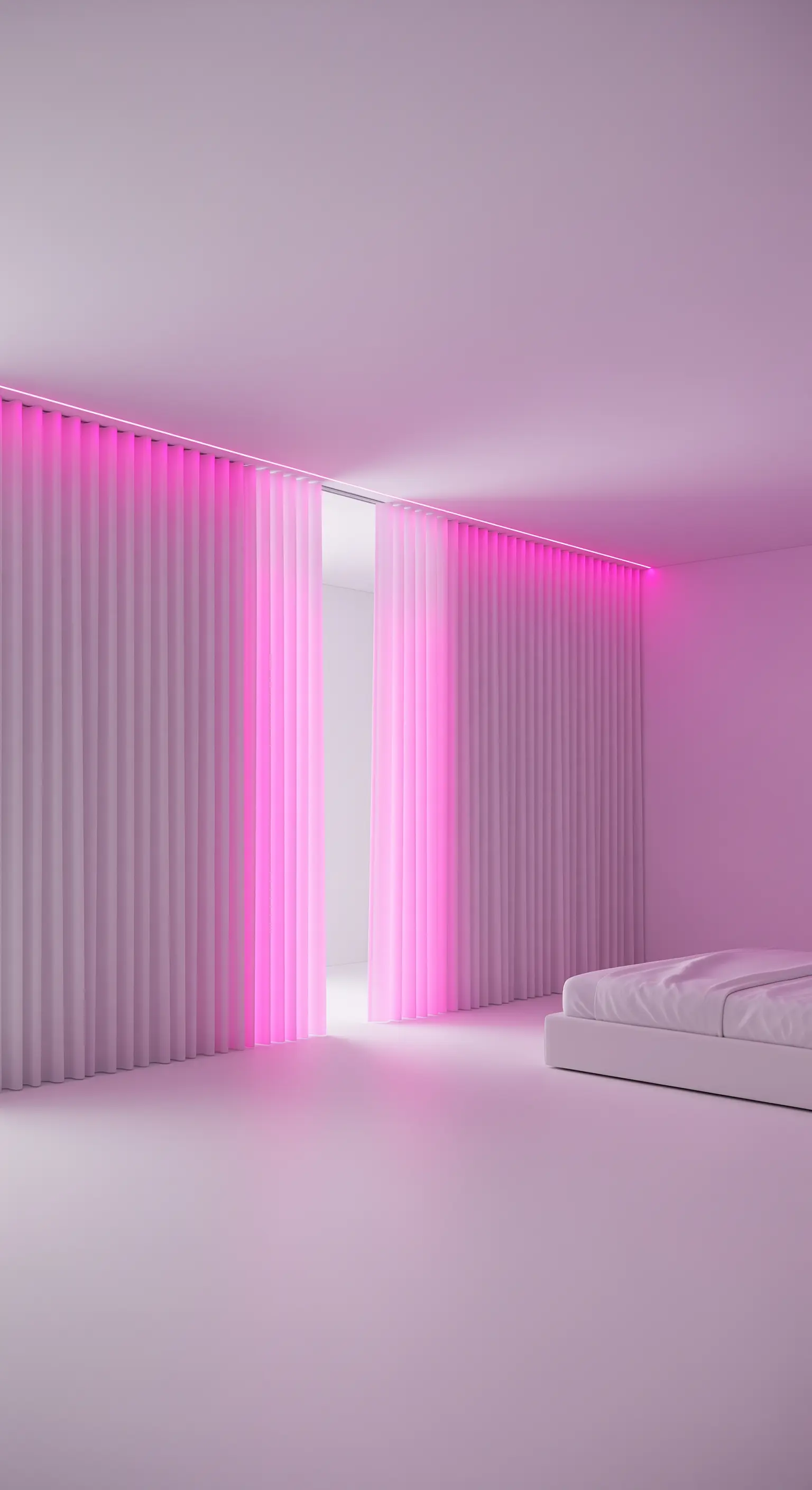 Tende a pannelli verticali retroilluminate da una luce LED rosa, per un effetto cromatico.