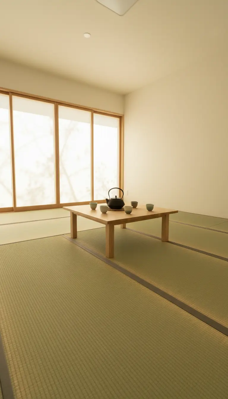 Stanza luminosa con pavimento in tatami, tavolo basso e luce solare filtrata da pannelli shoji.