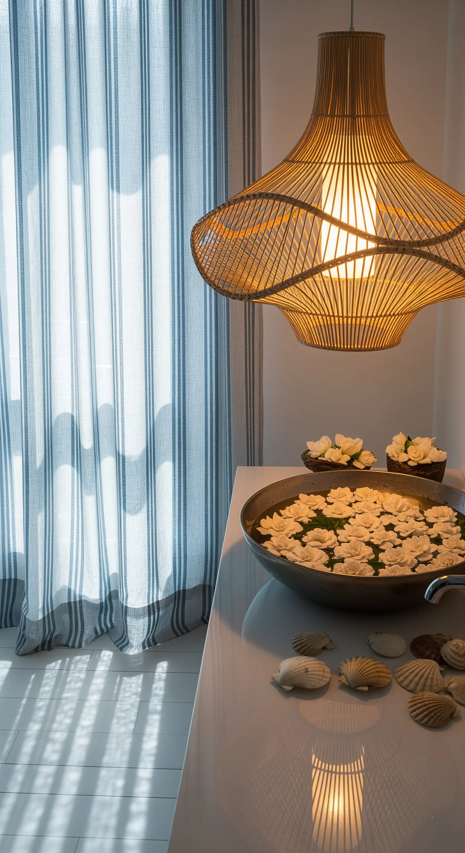 Angolo bagno con lampada in rattan, tenda a righe e ciotola con fiori bianchi.