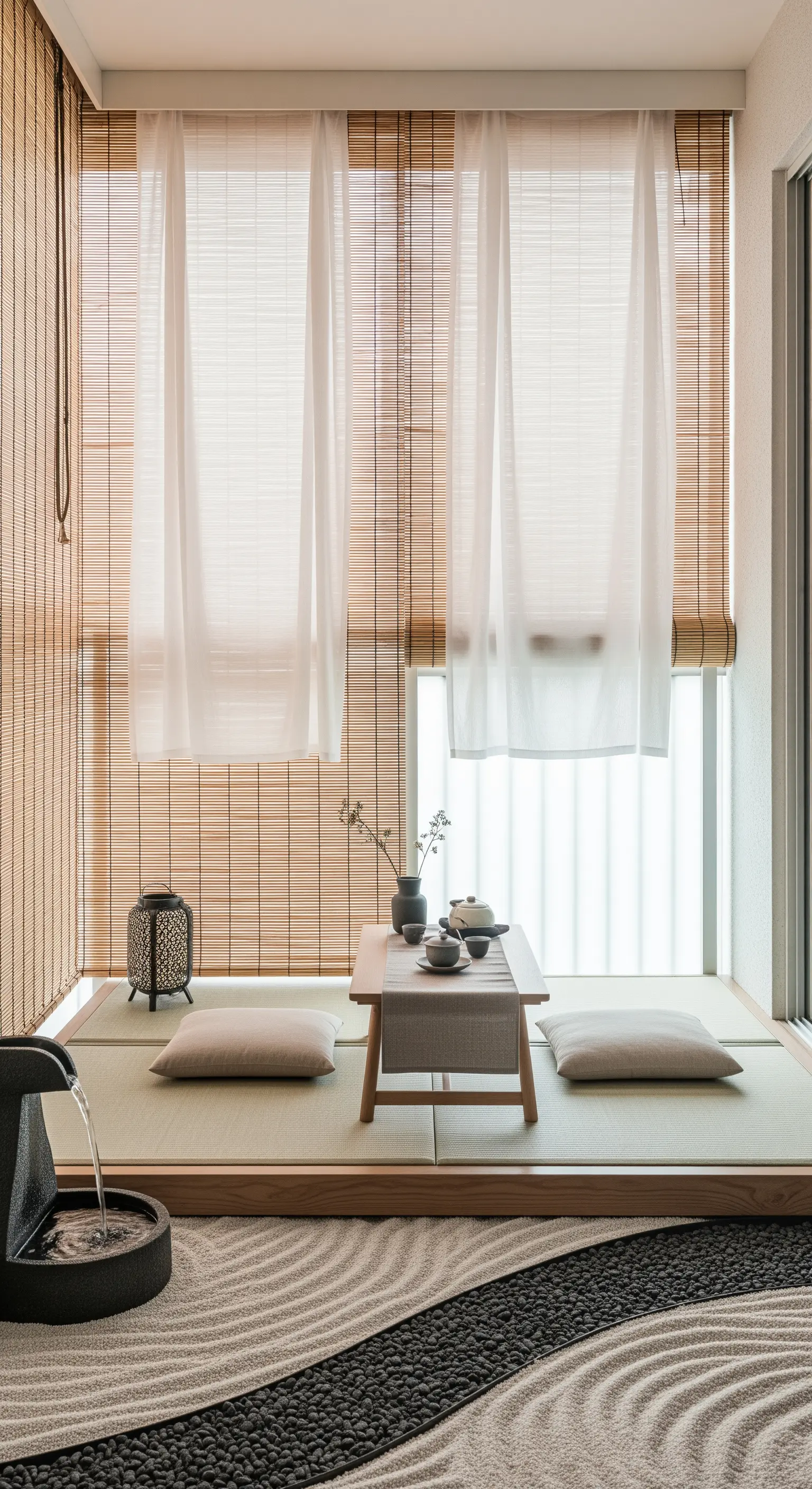 Angolo da tè in stile giapponese con tatami, tende a rullo in bambù e tende bianche.