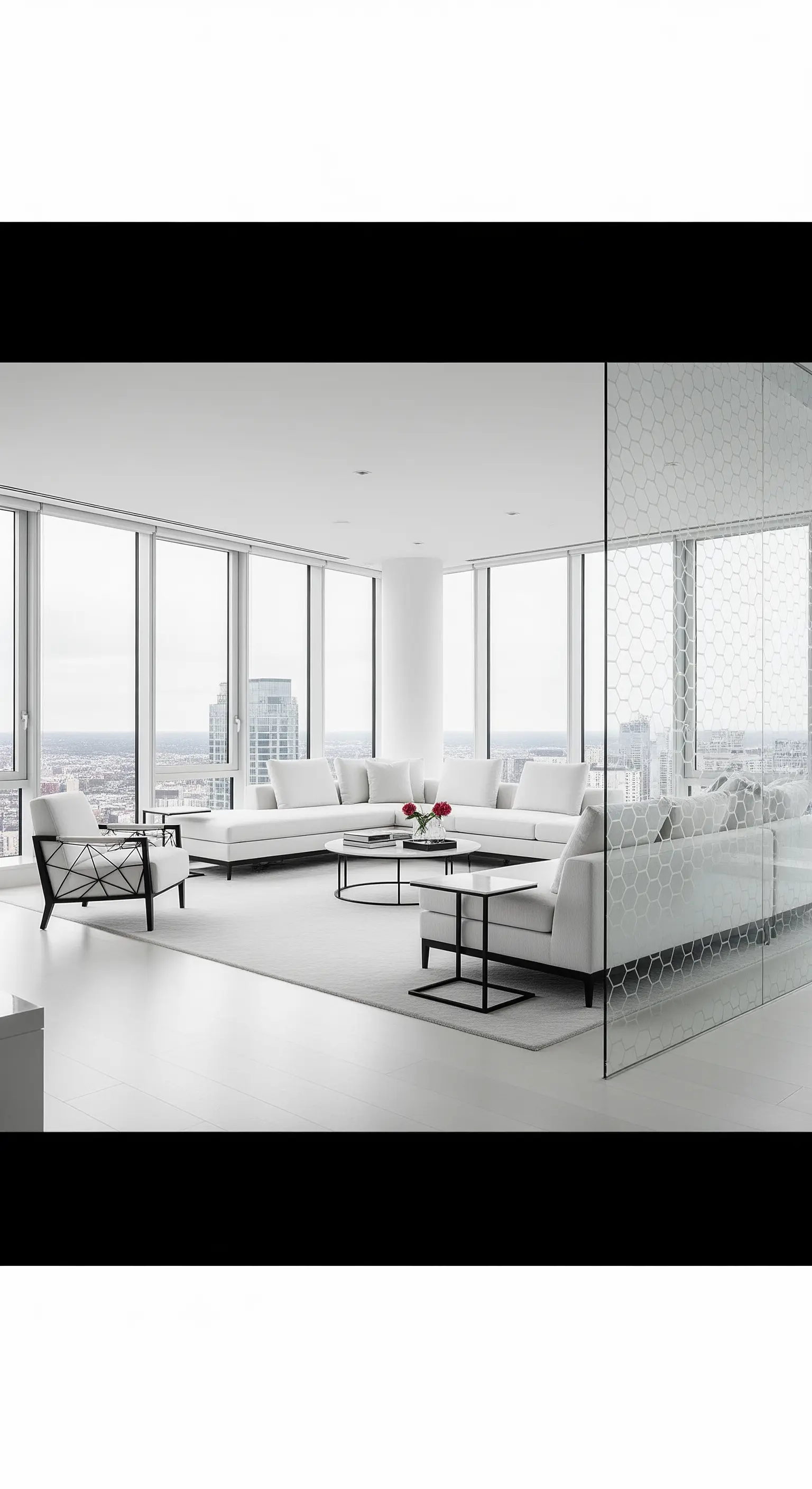 Open space minimalista con divisorio in vetro decorato con un pattern esagonale.