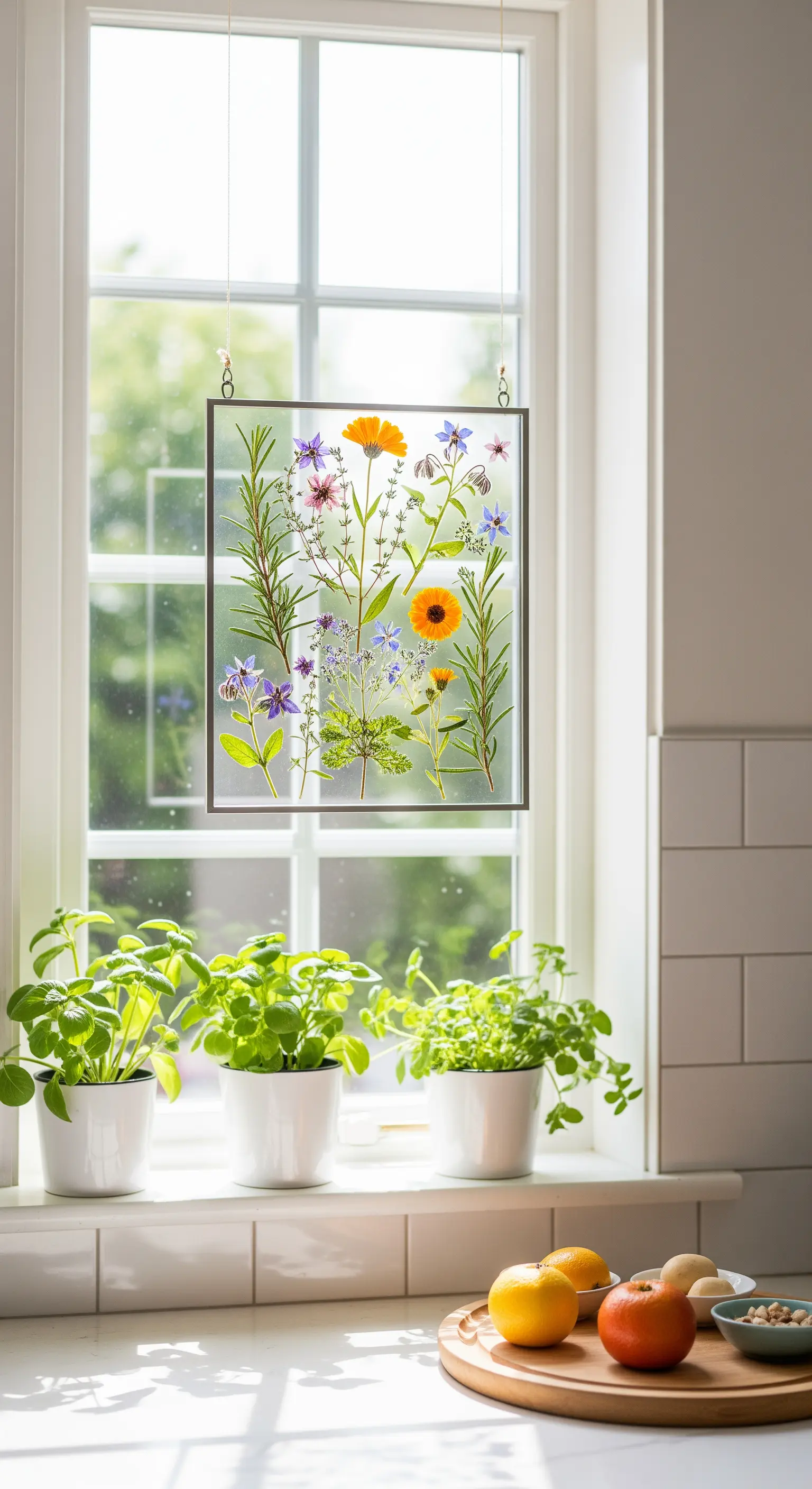 Quadro con fiori di campo colorati appeso a una finestra luminosa in cucina.
