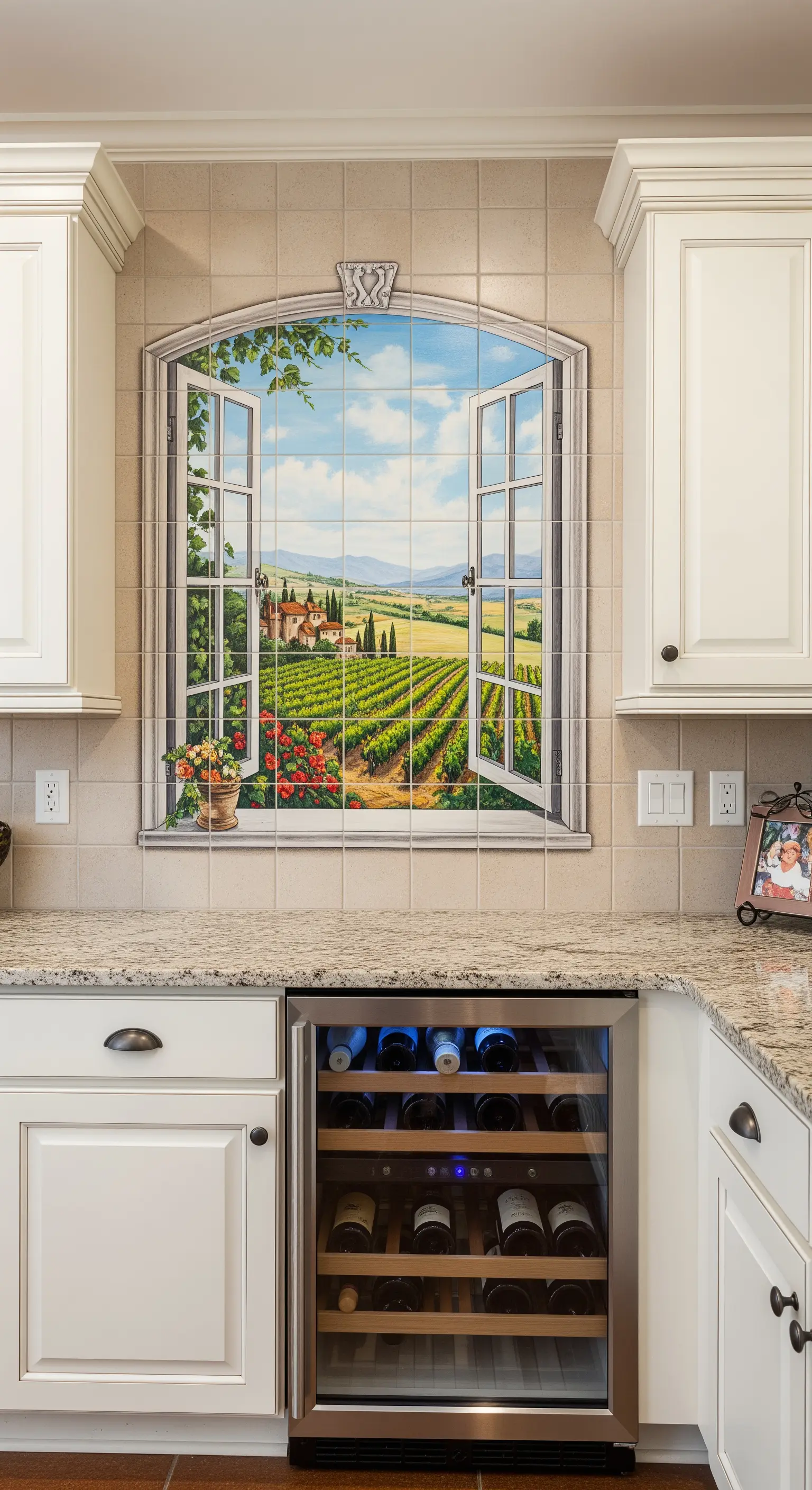 Murale di piastrelle a trompe-l'œil che simula una finestra su un vigneto.