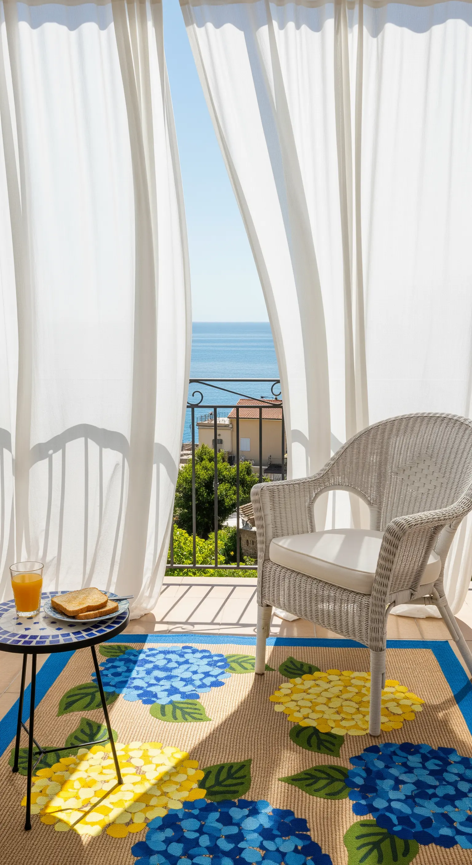Balcone con vista mare, poltrona in vimini bianco e tappeto con ortensie blu e gialle.