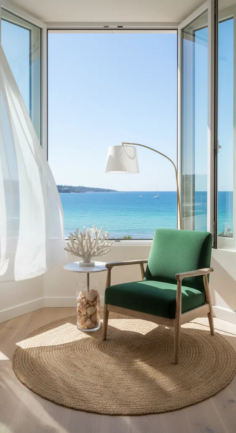 Poltrona verde in legno chiaro di fronte a una finestra con vista sul mare.