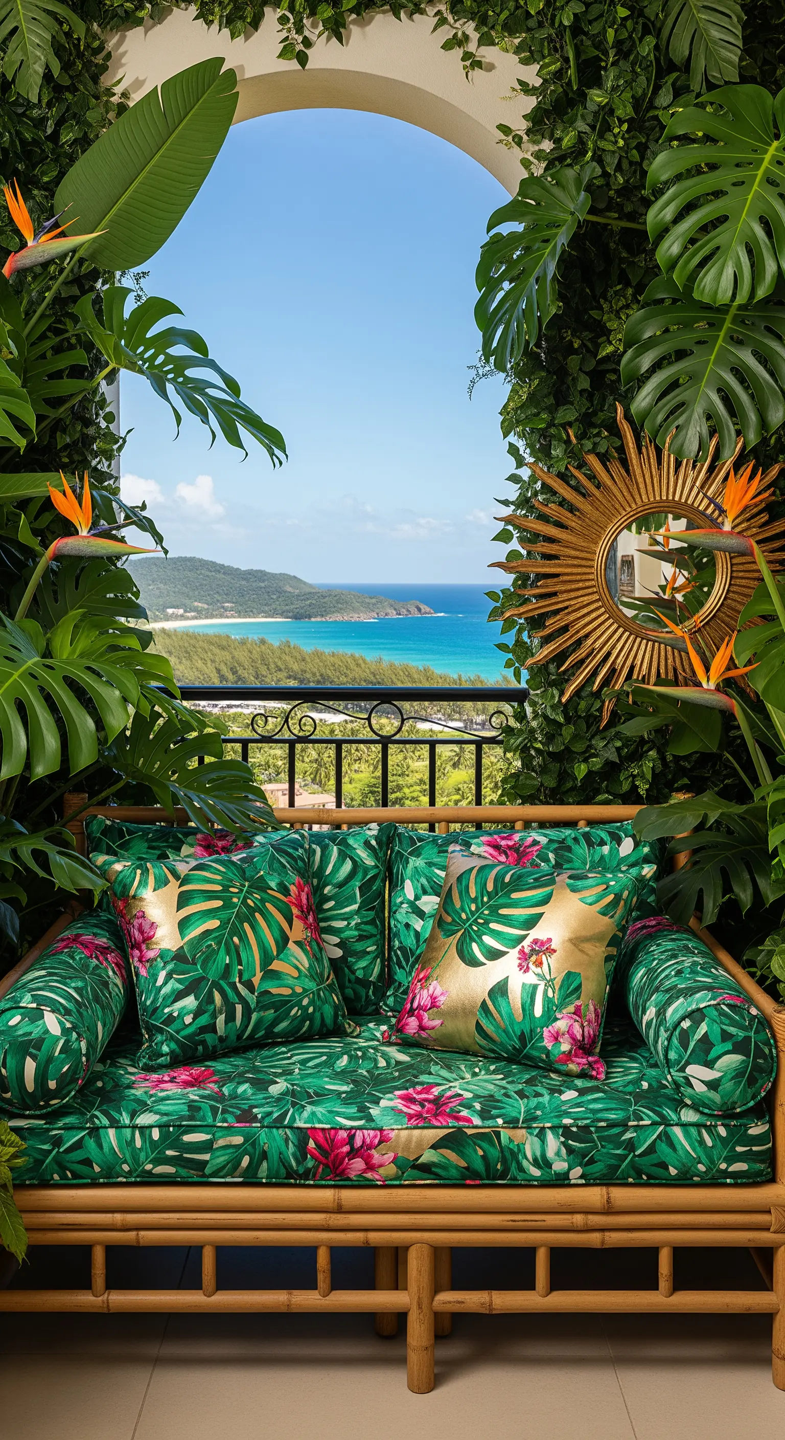 Balcone incorniciato da piante tropicali con divano in bambù e specchio dorato a raggiera.