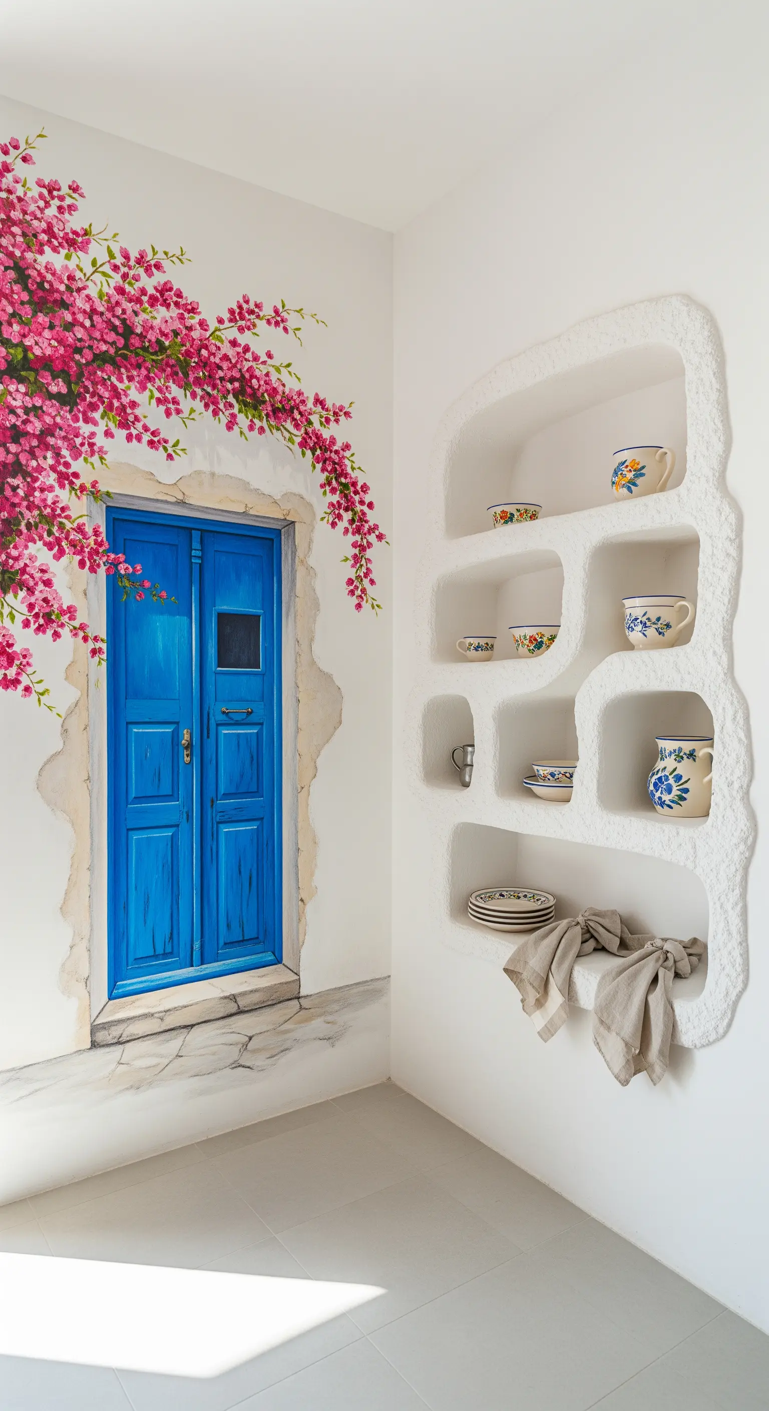 Murale di una porta greca blu con bouganville e nicchie bianche integrate nella parete.