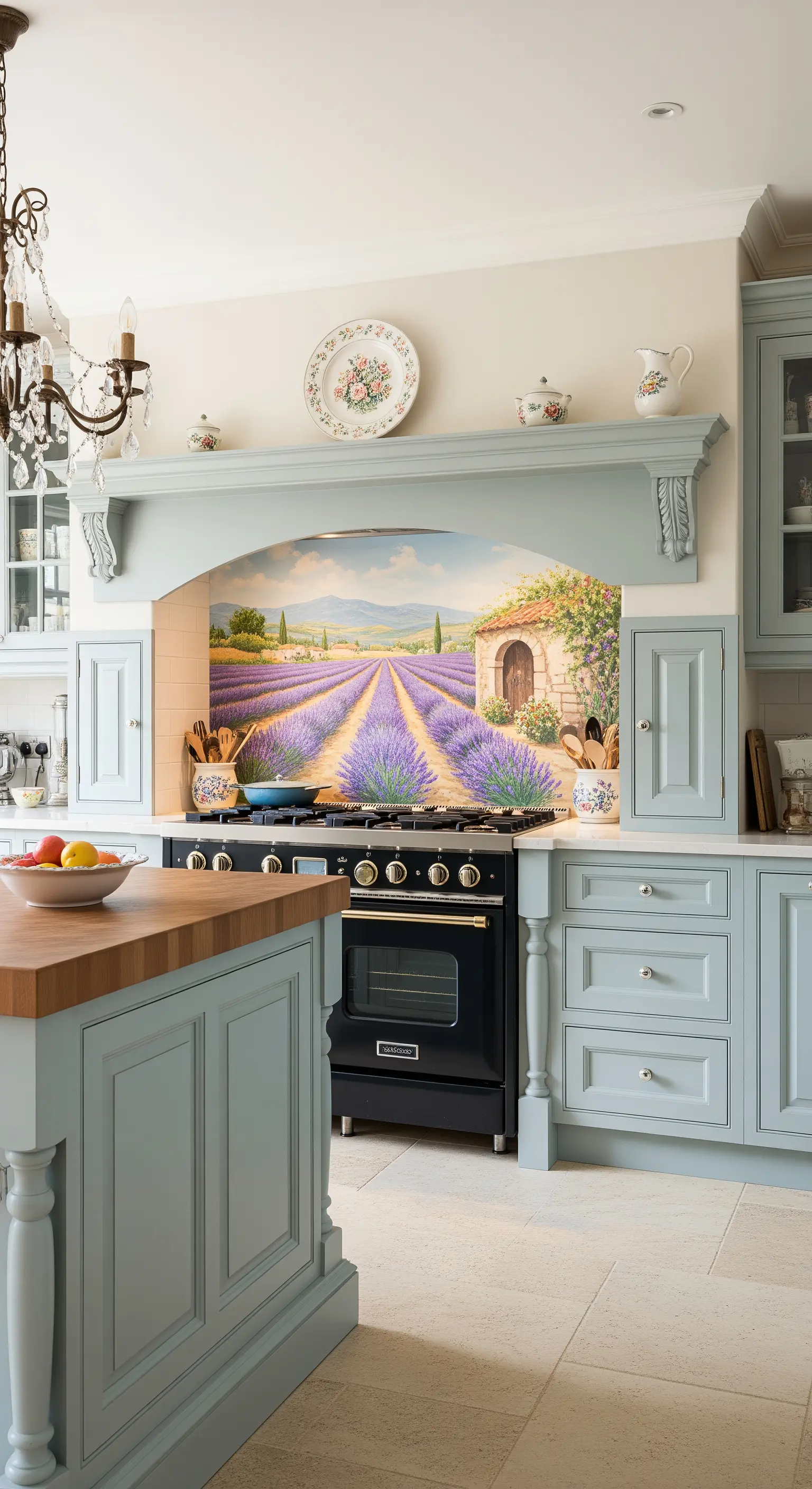 Cucina in stile provenzale con murale di un campo di lavanda sopra i fornelli.