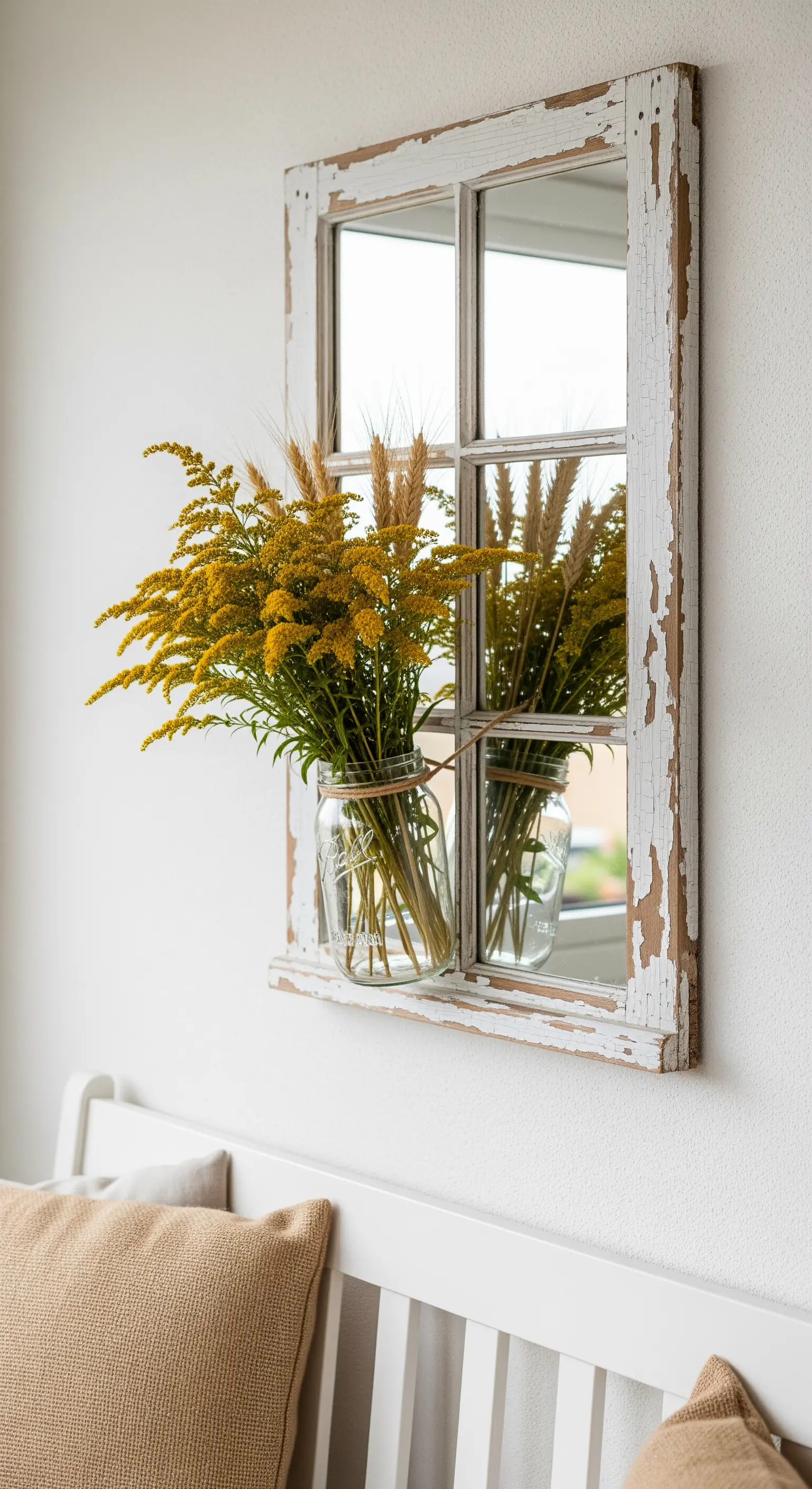 Specchio a forma di finestra con cornice bianca usurata e un vaso di fiori gialli davanti.