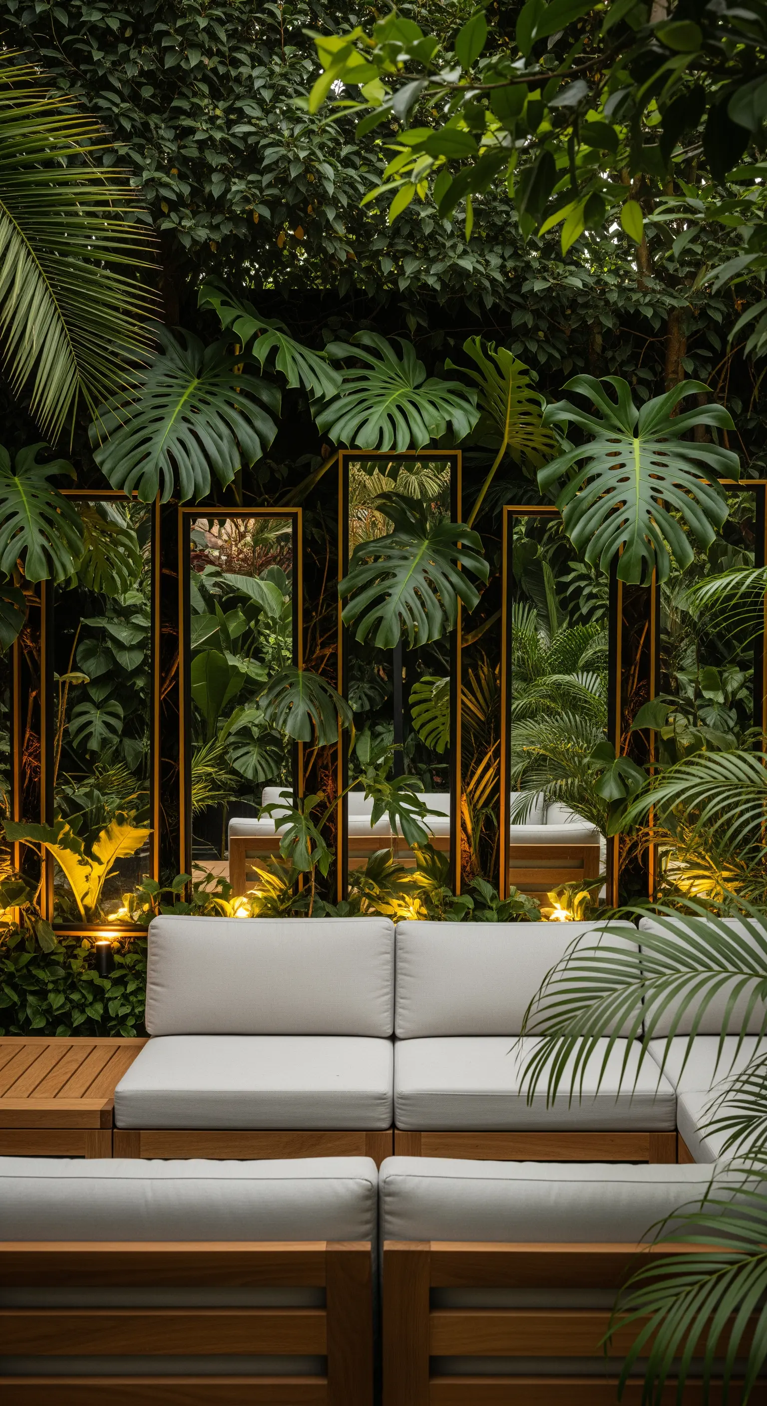 Divano bianco in un giardino tropicale con specchi verticali nascosti tra le piante.