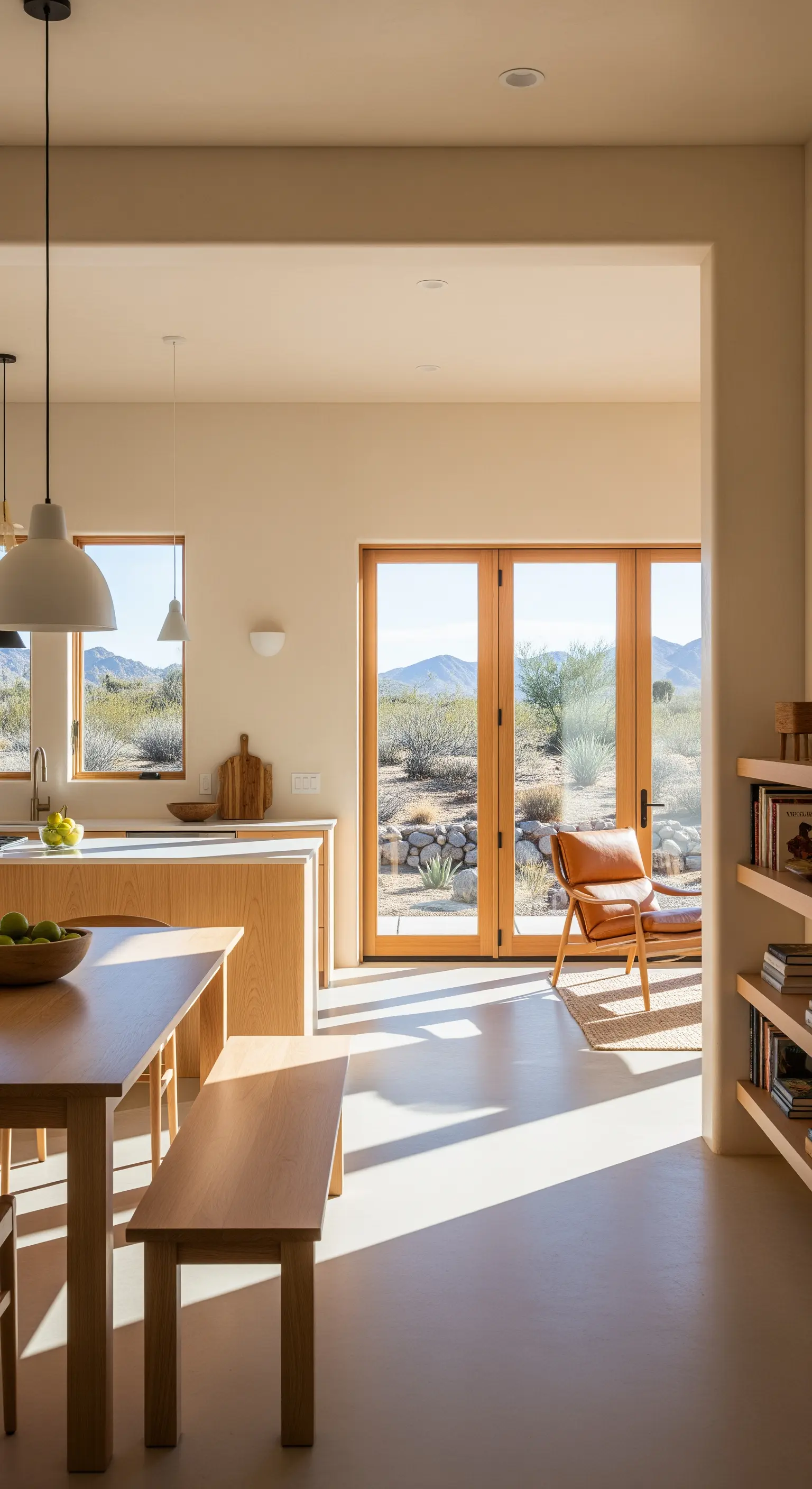 Cucina moderna in legno chiaro con tavolo e panca, affacciata su un paesaggio desertico.