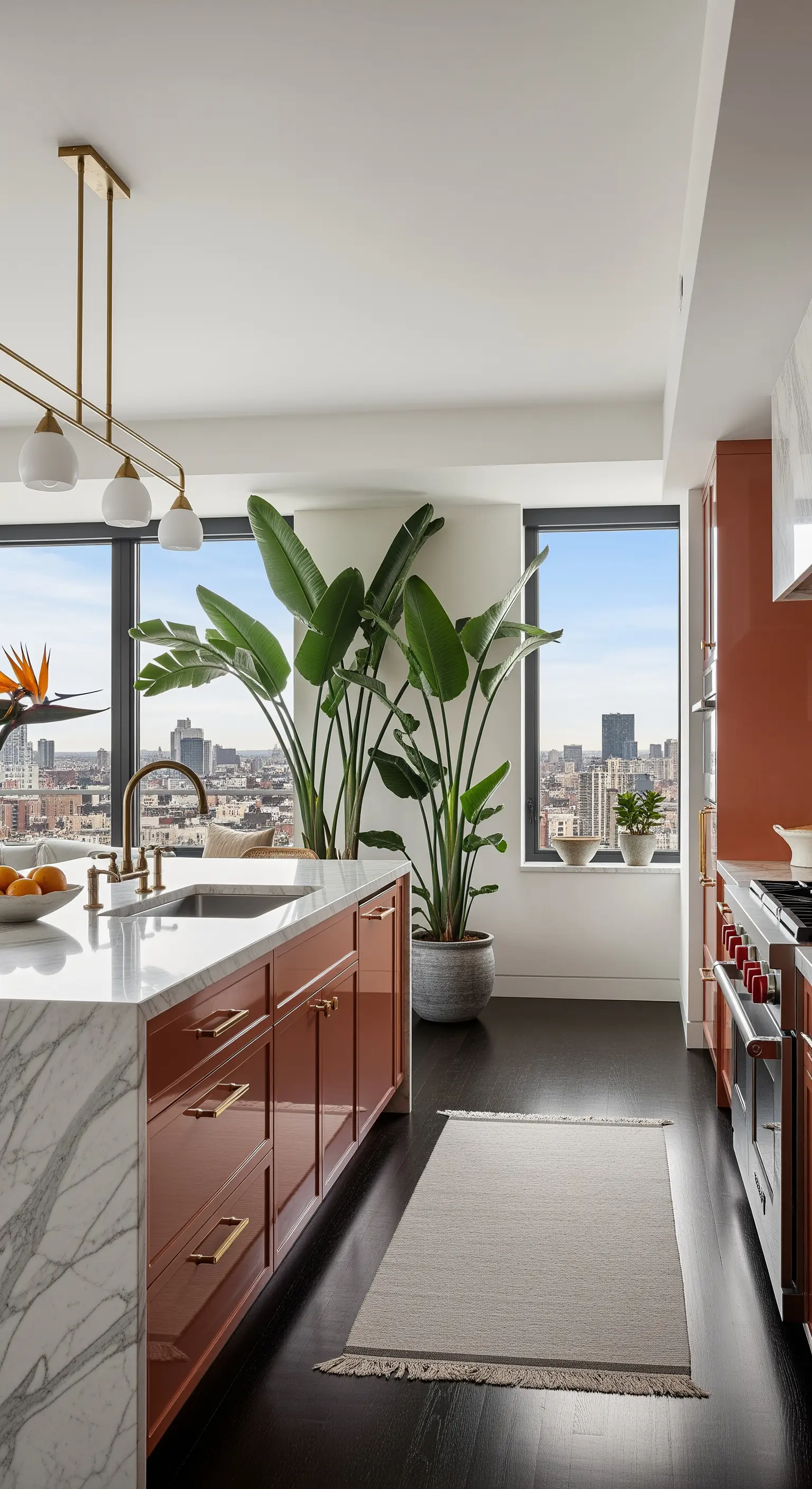 Cucina di lusso con mobili laccati lucidi color terracotta e vista sulla città.