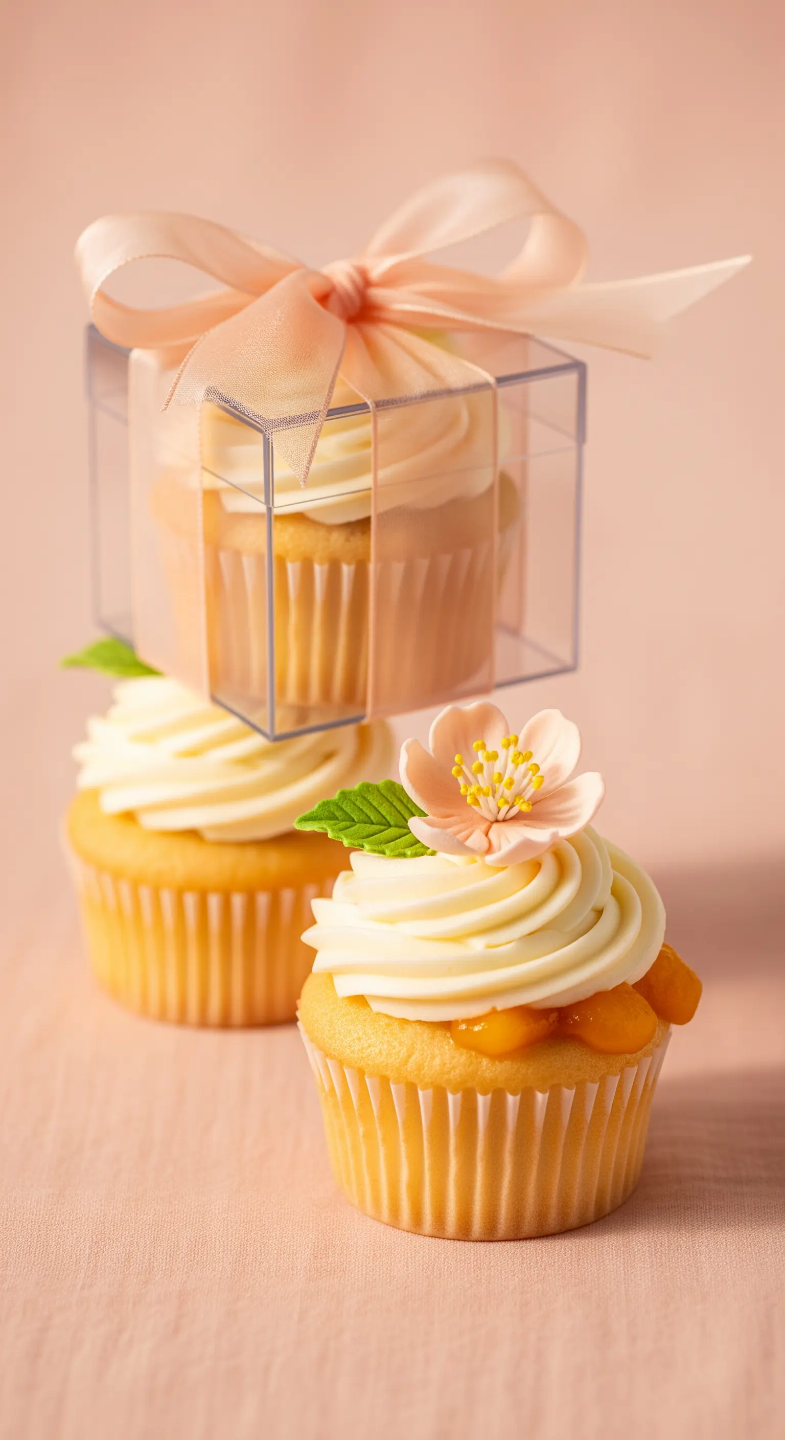 Cupcake color pesca con fiore di zucchero, confezionato con nastro di raso abbinato.