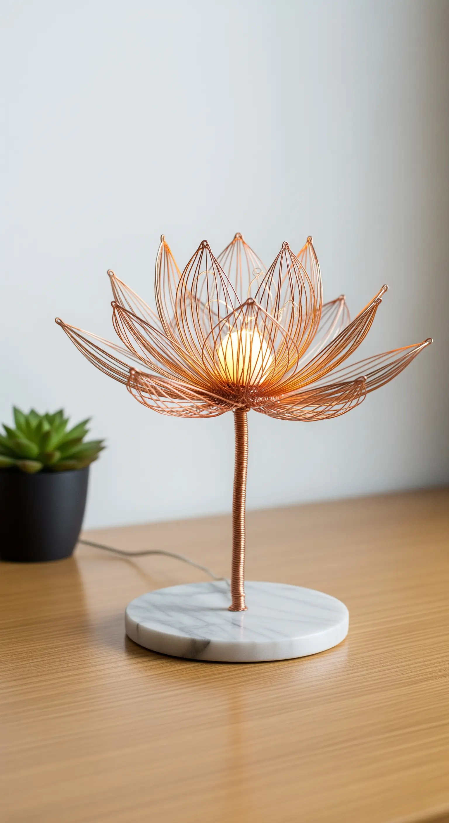 Lampada a forma di fiore di loto in filo di rame con una base rotonda in marmo bianco.