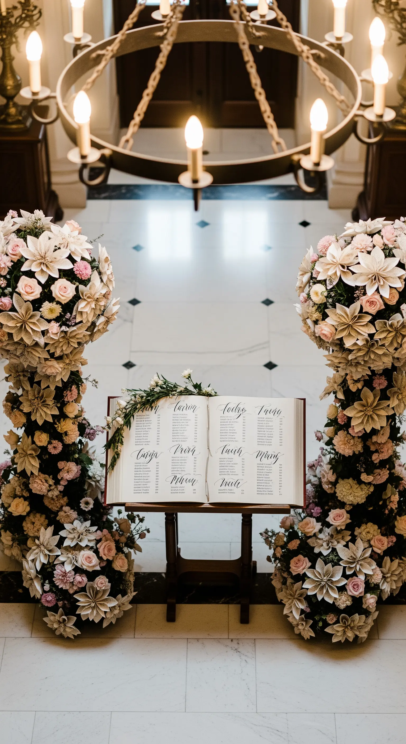 Tableau de mariage su un libro aperto, incorniciato da colonne di fiori di carta e rose.