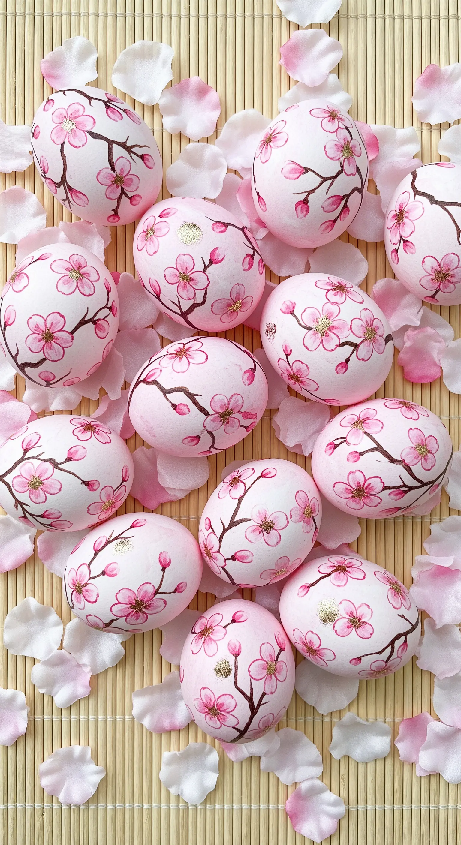 Uova pasquali rosa pallido dipinte a mano con rami e fiori di ciliegio.
