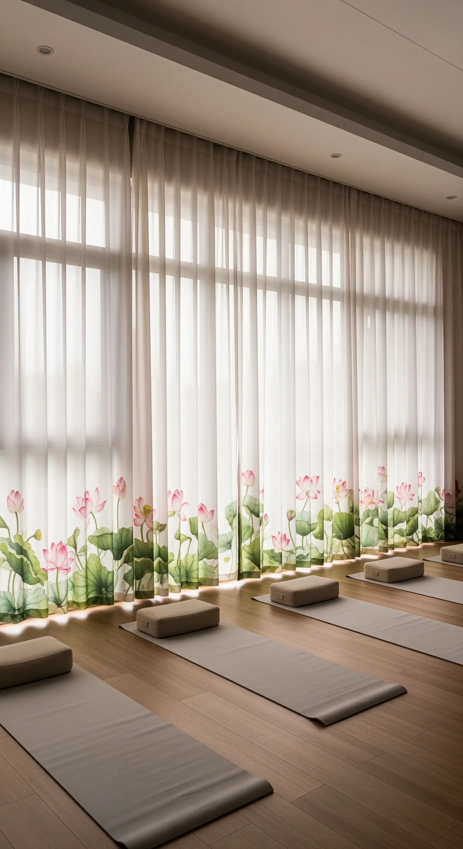Tende velate in uno studio di yoga con un bordo inferiore dipinto a mano con fiori di loto.