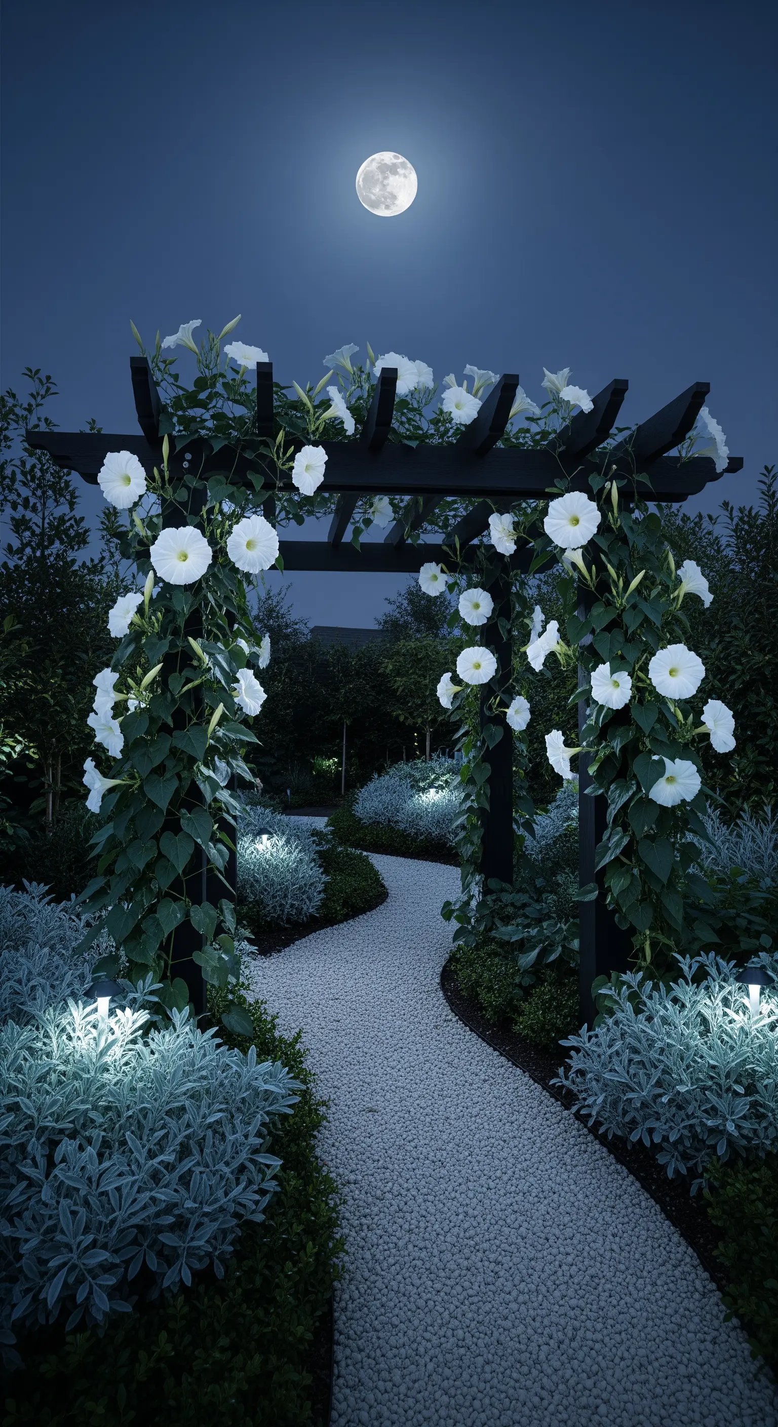 Arco da giardino scuro di notte, ricoperto di grandi fiori bianchi che sembrano brillare al buio.