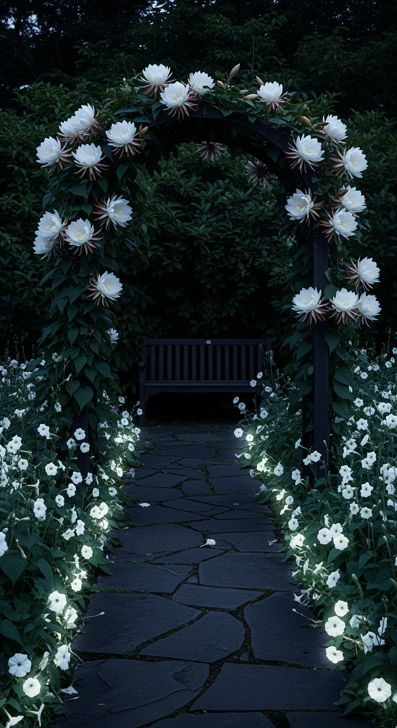 Sentiero in pietra scura in un giardino notturno, fiancheggiato da fiori bianchi che sembrano luminosi.