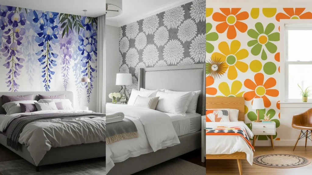 Tre camere da letto arredate con carta da parati d'impatto a tema fiori oversize in stili e colori diversi.