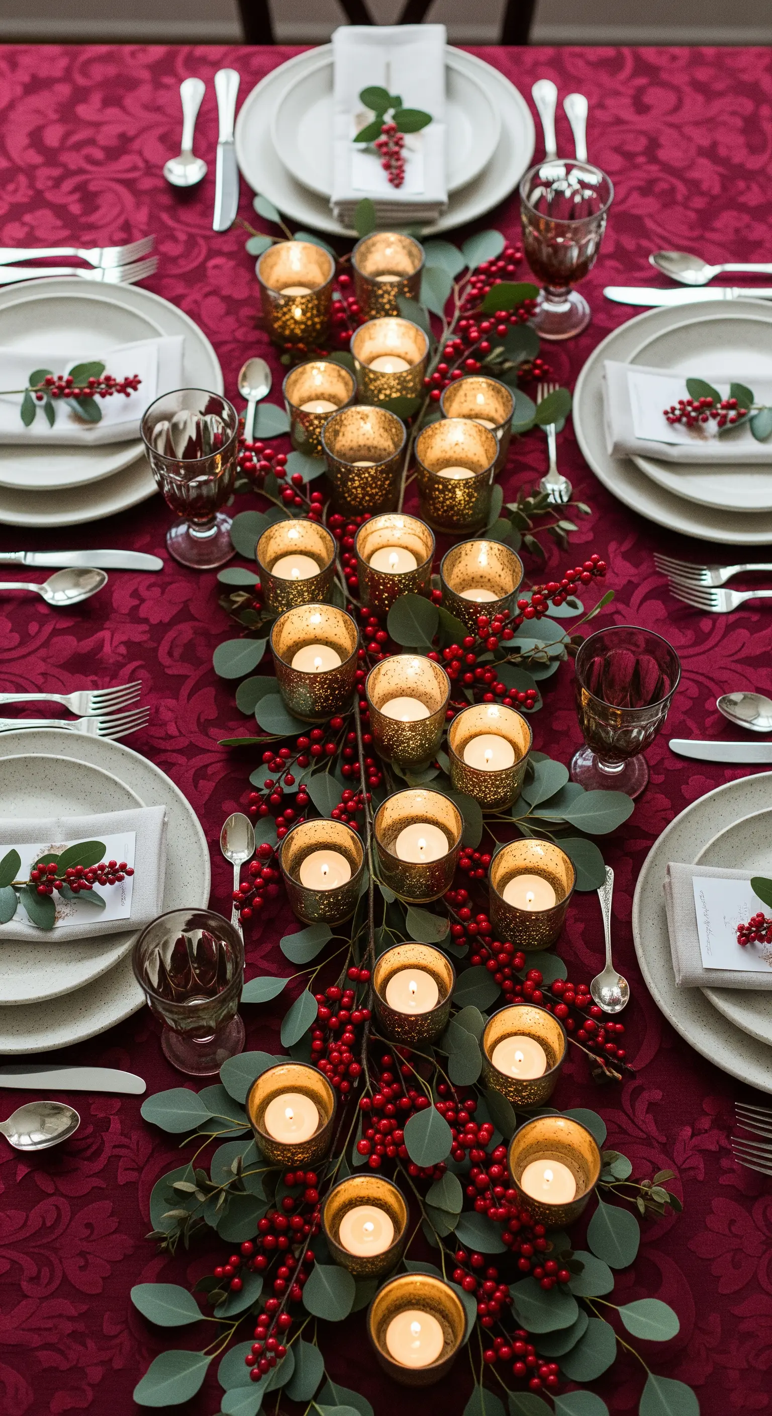Runner di eucalipto e bacche rosse illuminato da decine di lumini in portacandele dorati.
