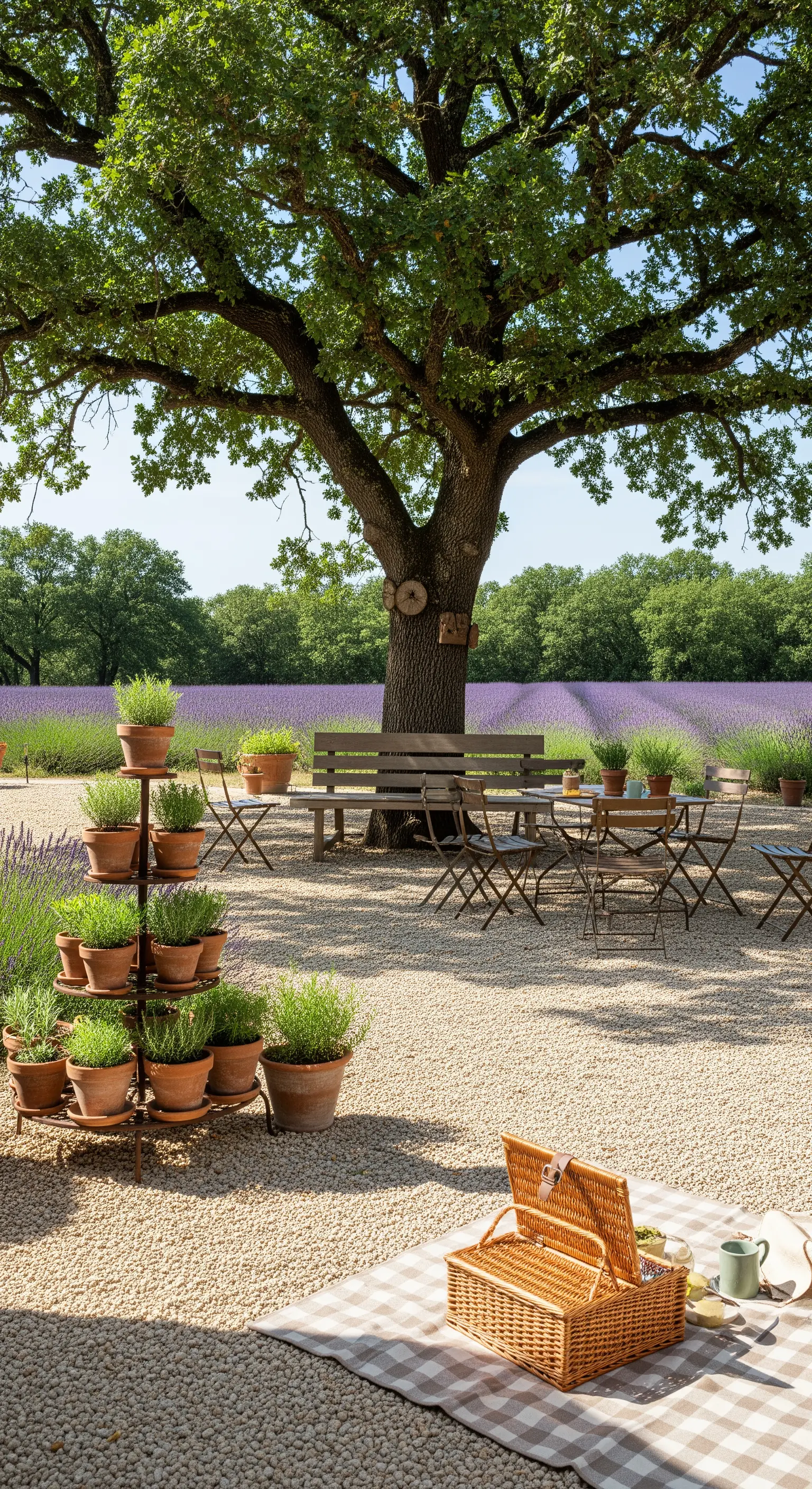 Area picnic su ghiaia sotto una quercia, con cesto, coperta e vasi di erbe aromatiche.