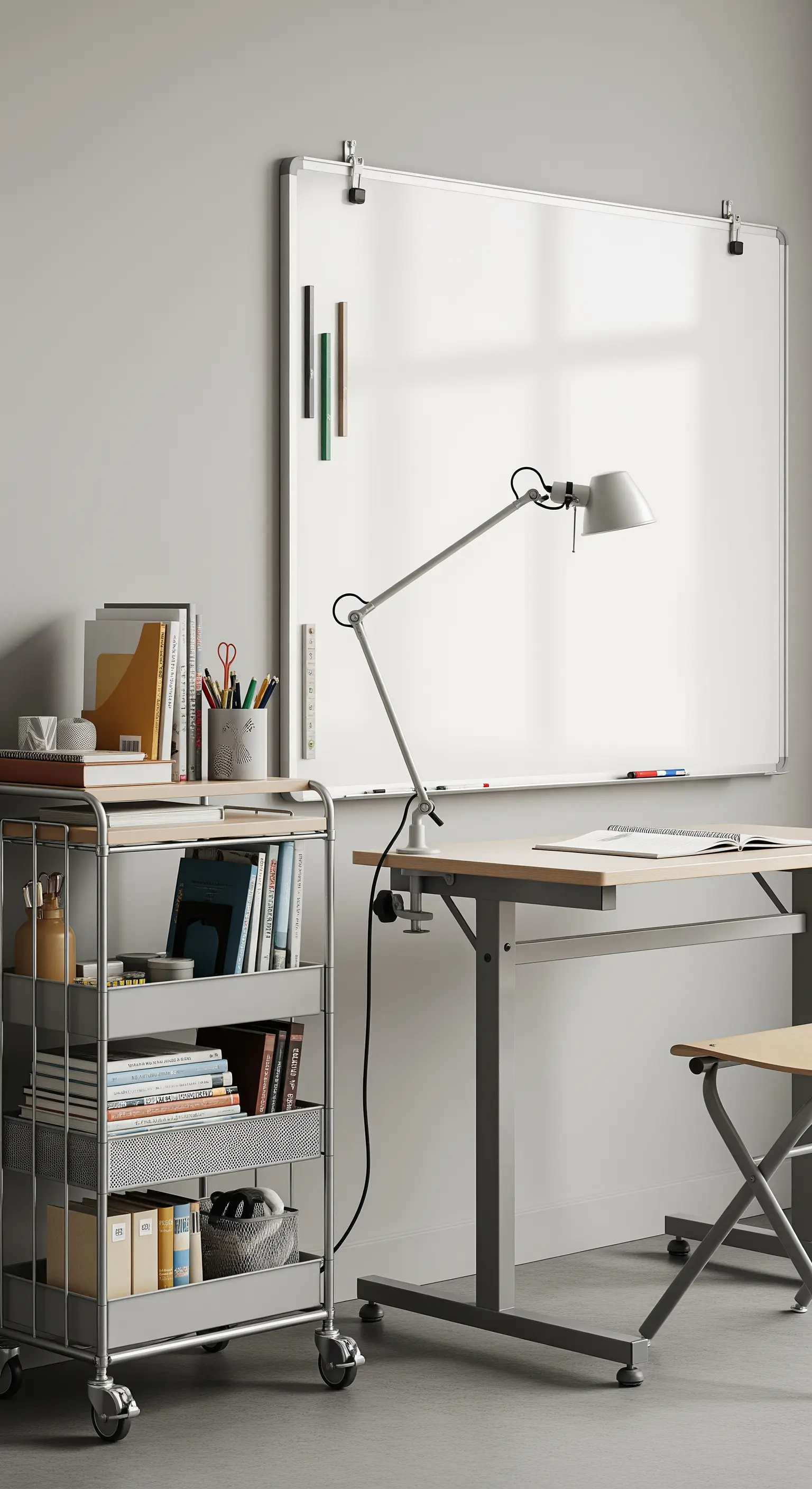 Scrivania regolabile in altezza con un carrello portaoggetti in metallo e una grande lavagna.