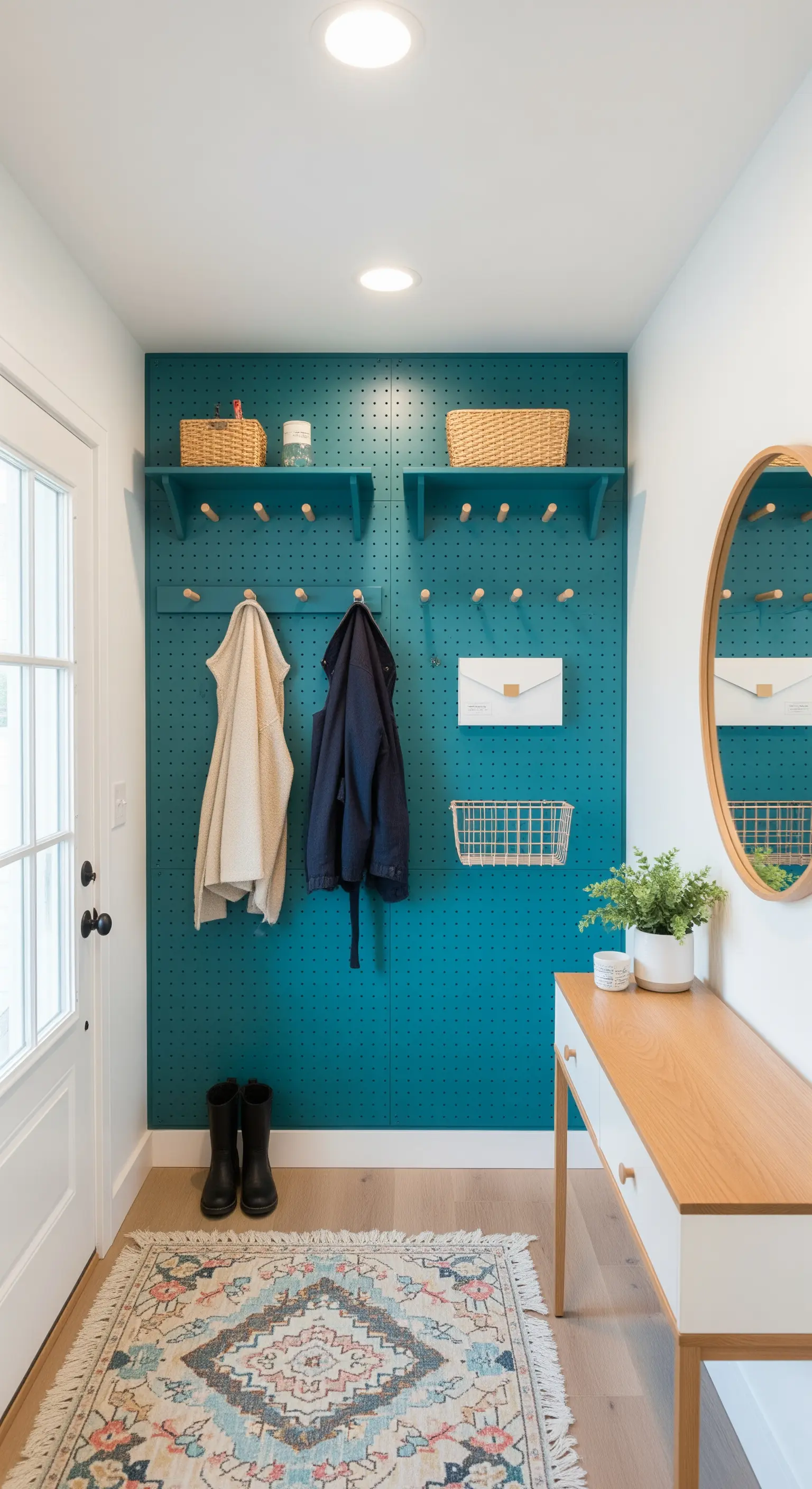 Parete attrezzata (pegboard) color ottanio con mensole, ganci e cesti.