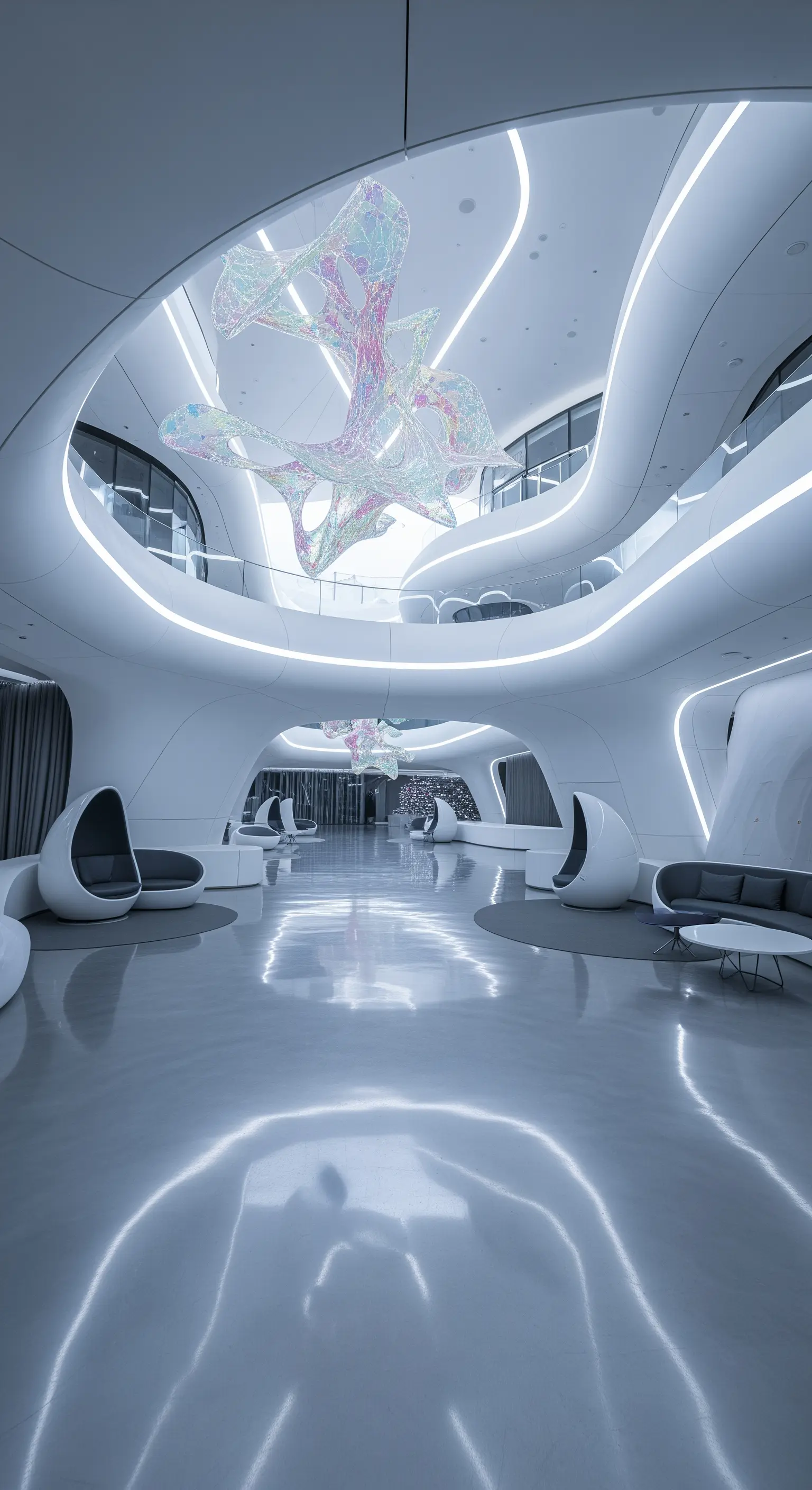 Spazio futuristico con architettura sinuosa e una grande scultura iridescente sospesa.