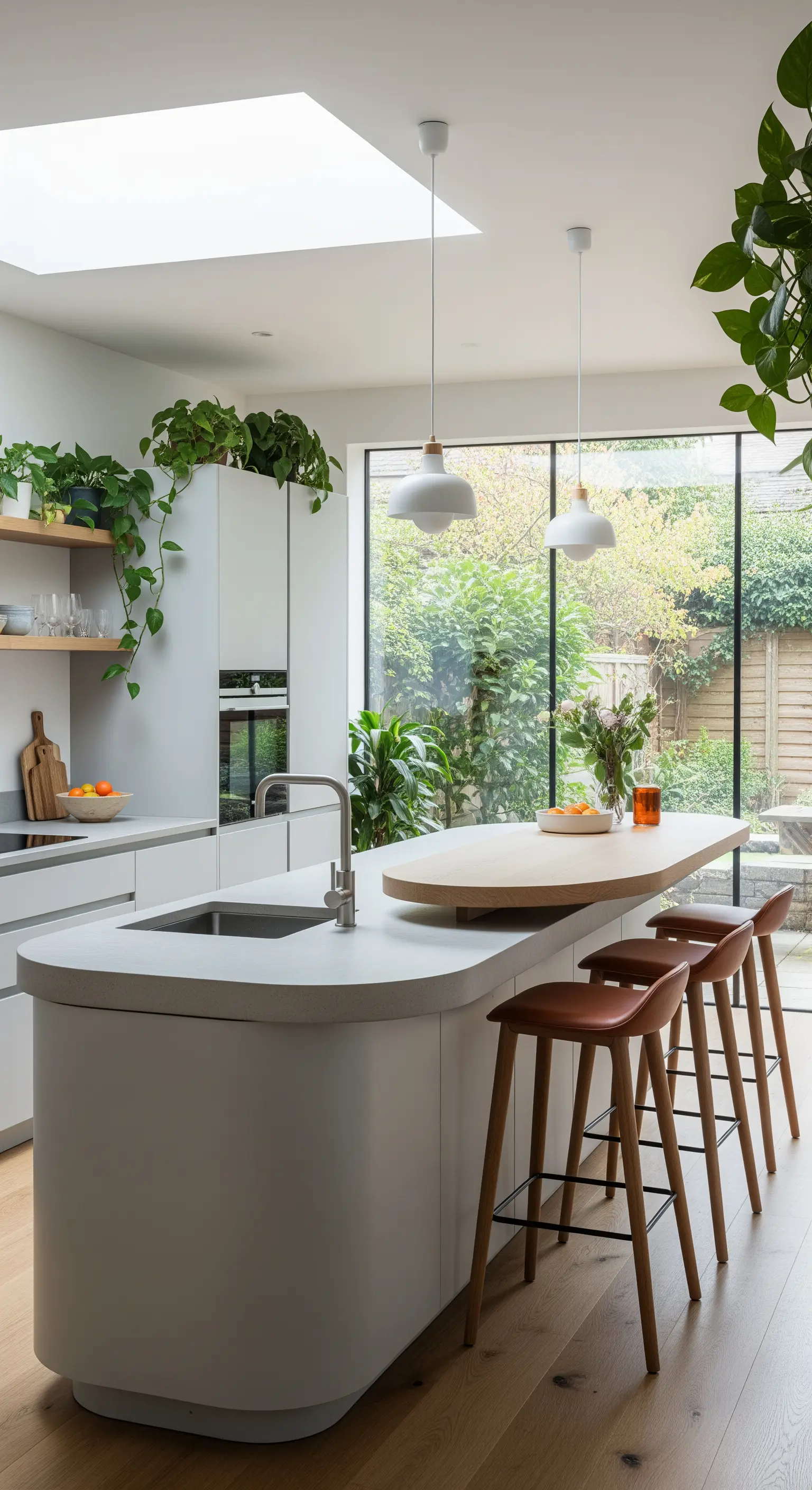 Isola bianca dalle forme arrotondate con piano bar in legno e vista sul giardino.