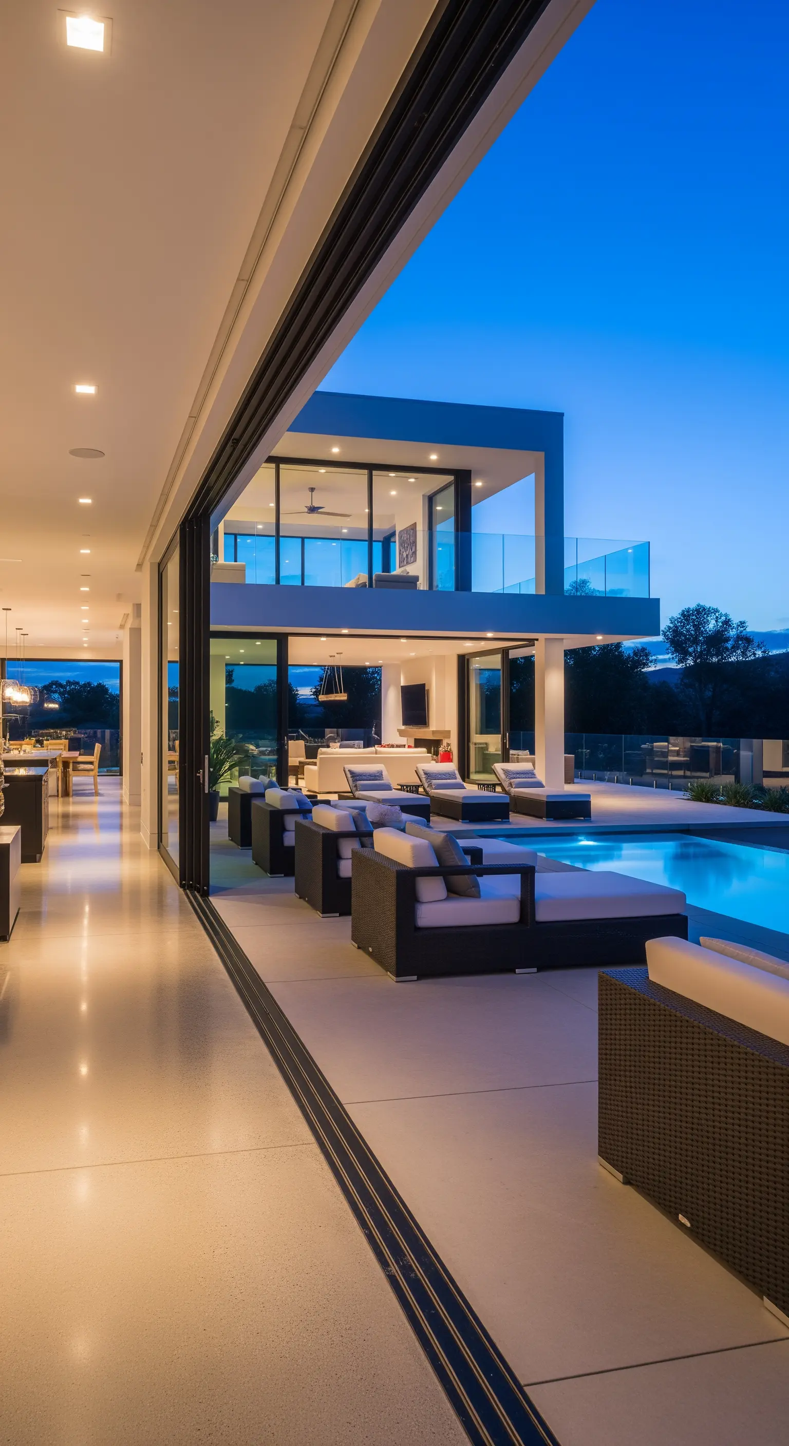 Terrazza moderna con grandi vetrate scorrevoli che la collegano al soggiorno