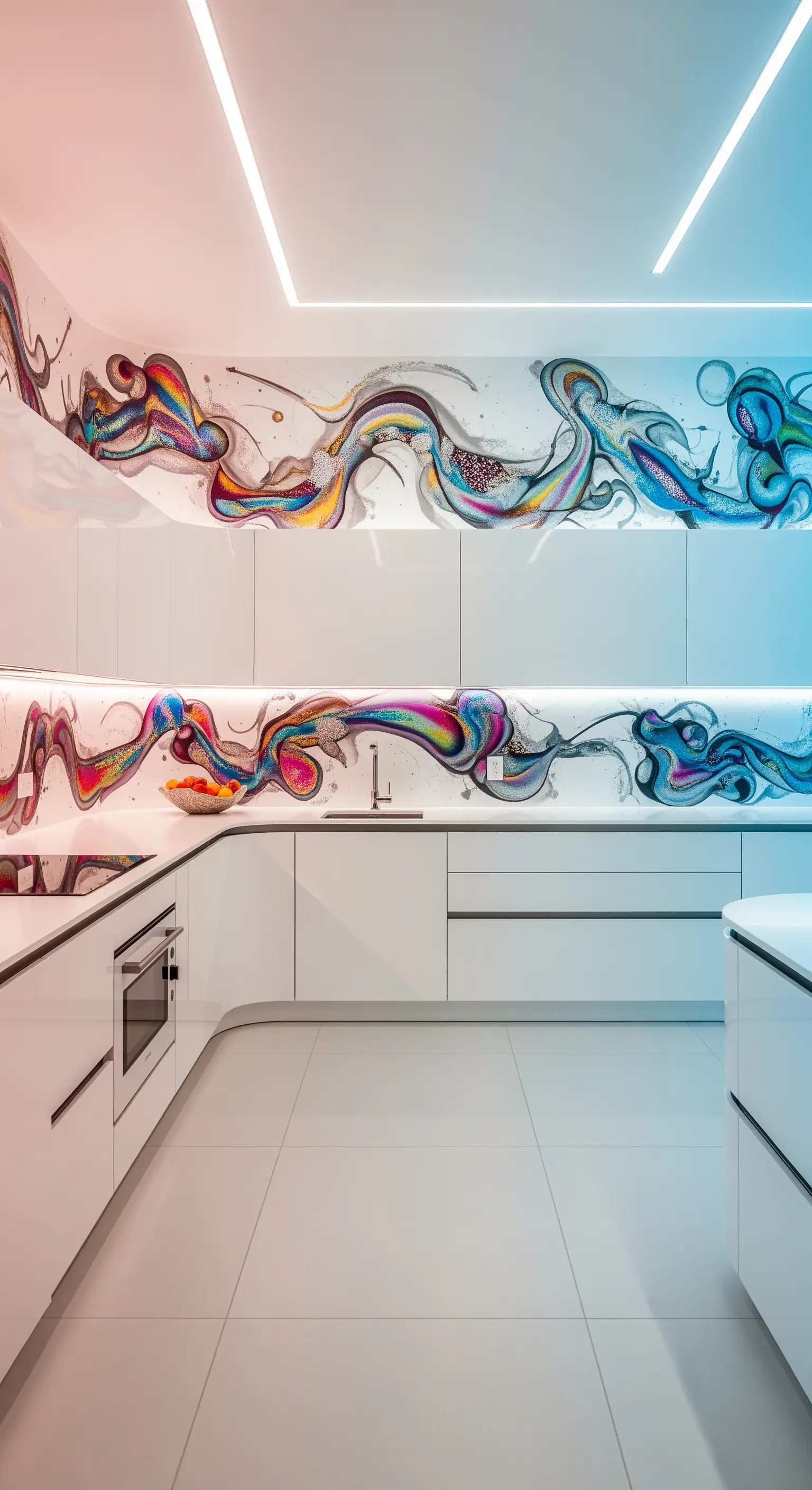 Cucina bianca minimalista con murale astratto colorato illuminato da strisce LED.