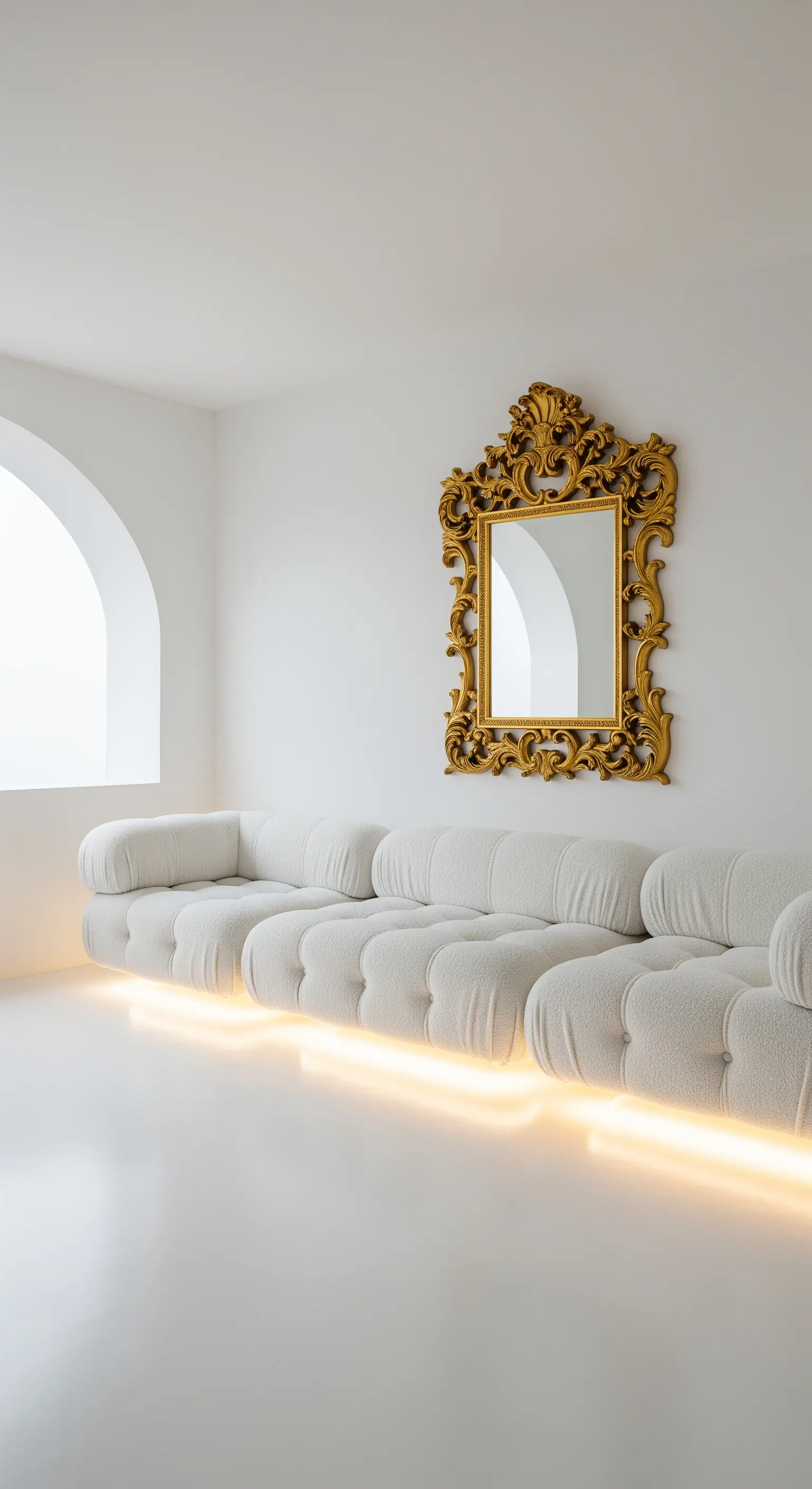 Divano bianco sospeso su una luce LED calda, con specchio dorato su parete bianca.