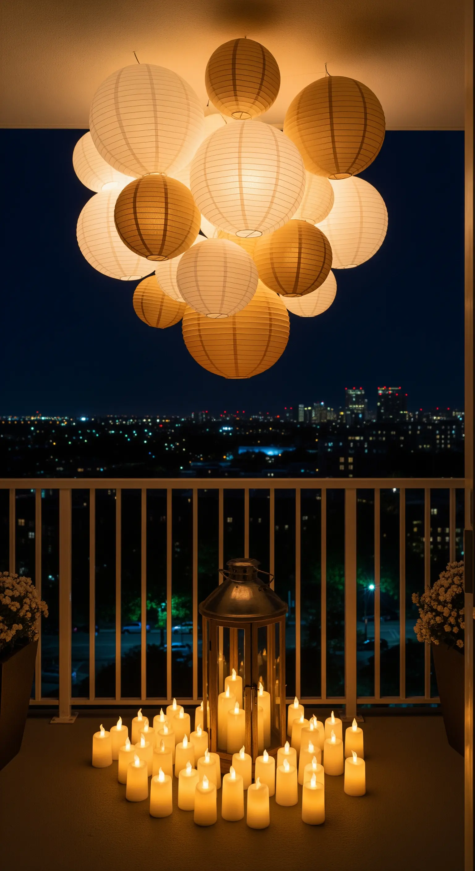 Un grande gruppo di candele LED a terra sotto un grappolo di lanterne di carta, con vista sulla città