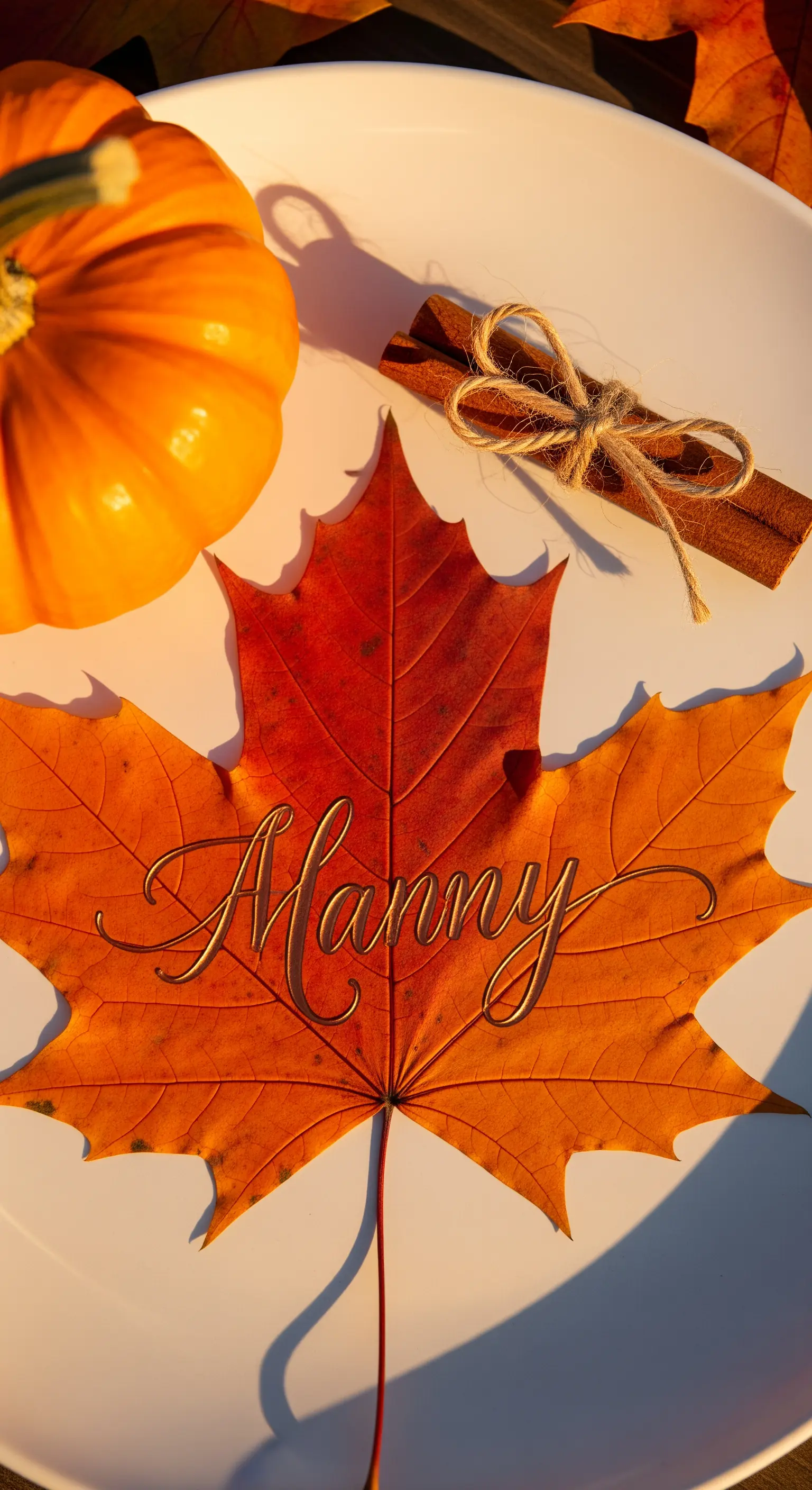 Foglia d'acero autunnale usata come segnaposto con nome calligrafico al centro.