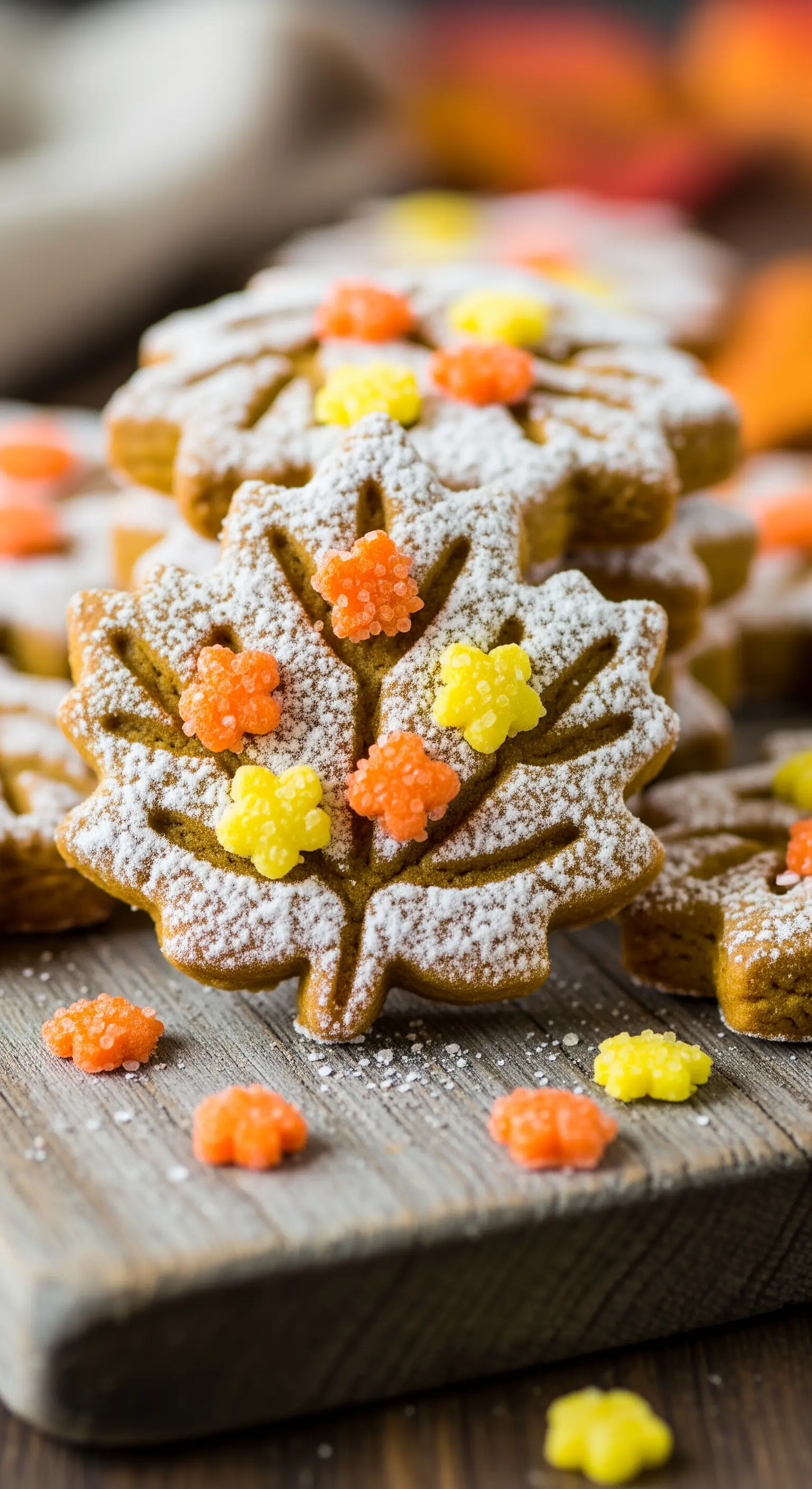Biscotti a forma di foglia d'acero con venature di zucchero a velo e piccole caramelle colorate.